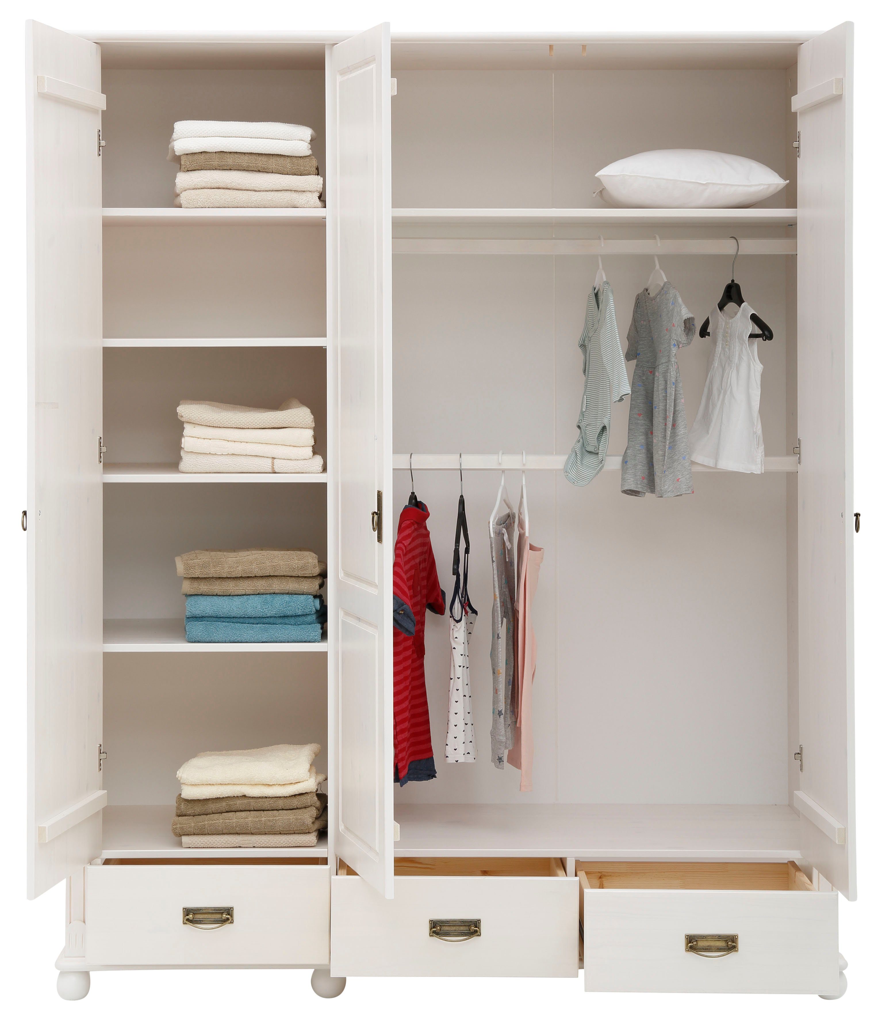 OTTO home Drehtürenschrank "Aimo", 3 türig, Landhausstil, Kassetten (B/H/T ca. 152/191/59 cm) aus Massivholz; FSC®-Holz, Messinggriffe, Schubladen, stabile Qualität