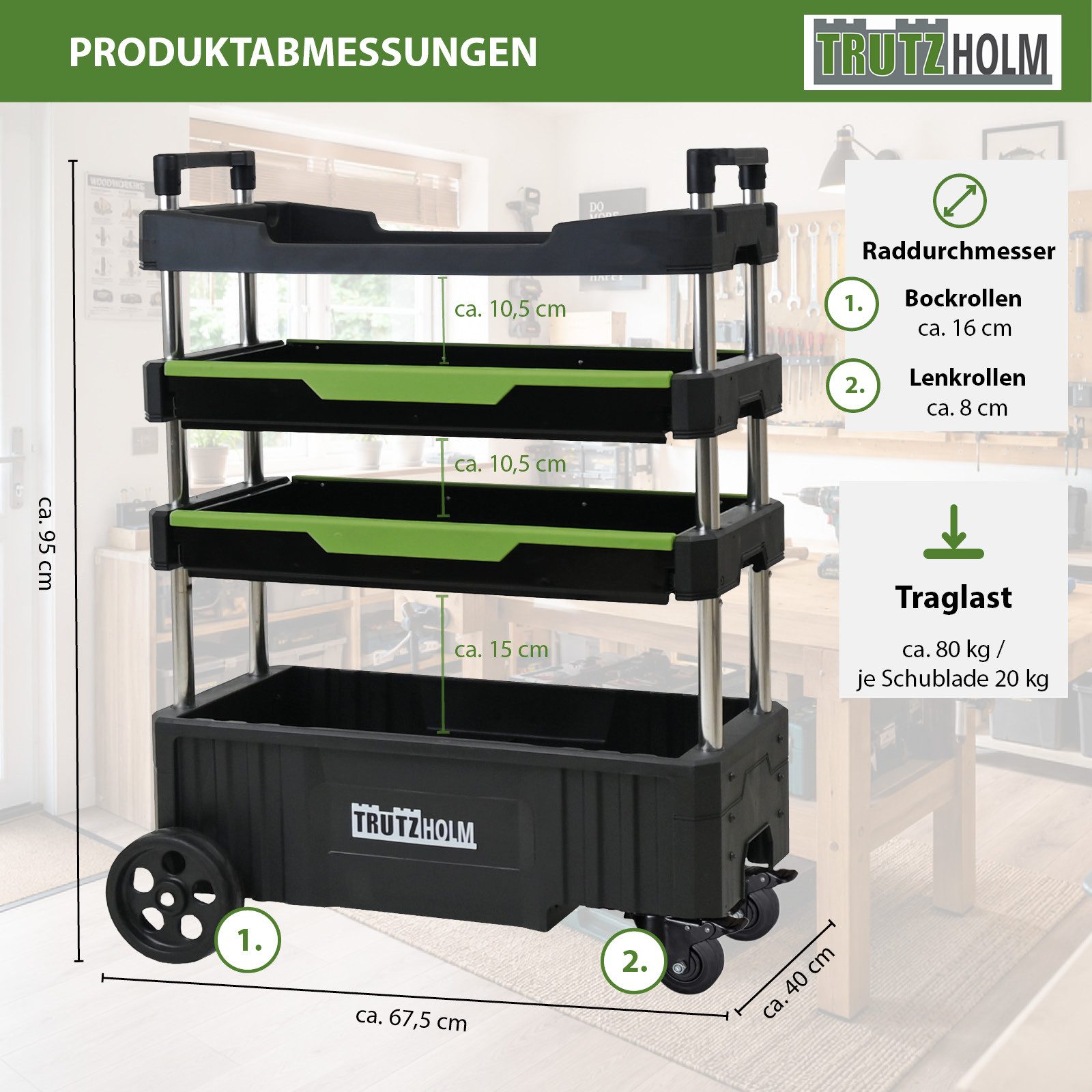 TRUTZHOLM Werkstattwagen Montagewagen klappbar mobil transportabel 67,5x40x95 cm, auf Rollen, Traglast 80 kg,4 Ablagefächer,leer