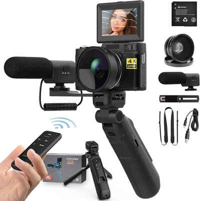 OKA Digitalkamera 4K, 48MP Fotokamera mit 180° Flip 3.0" Bildschirm, 16X Kompaktkamera (48 MP, inkl. 48 MP, inkl. Digitalzoom Kompaktkamera mit Stativ und Mikrofon, mit Weitwinkel Linse und Macro Linse, Fernsteuerung, 32GB TF-Karte)
