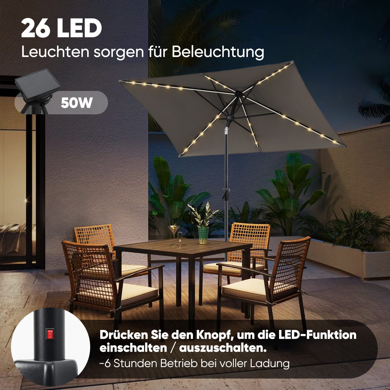 Sekey Sonnenschirm 210 x 140 cm Aluminum Sonnenschirm Rechteckig Marktschirm mit Kurbel, LxB: 210,00x140,00 cm, mit/ohne LED-Lichtern, Sonnenschutz UV50+, Garte – Bild 4 von 5