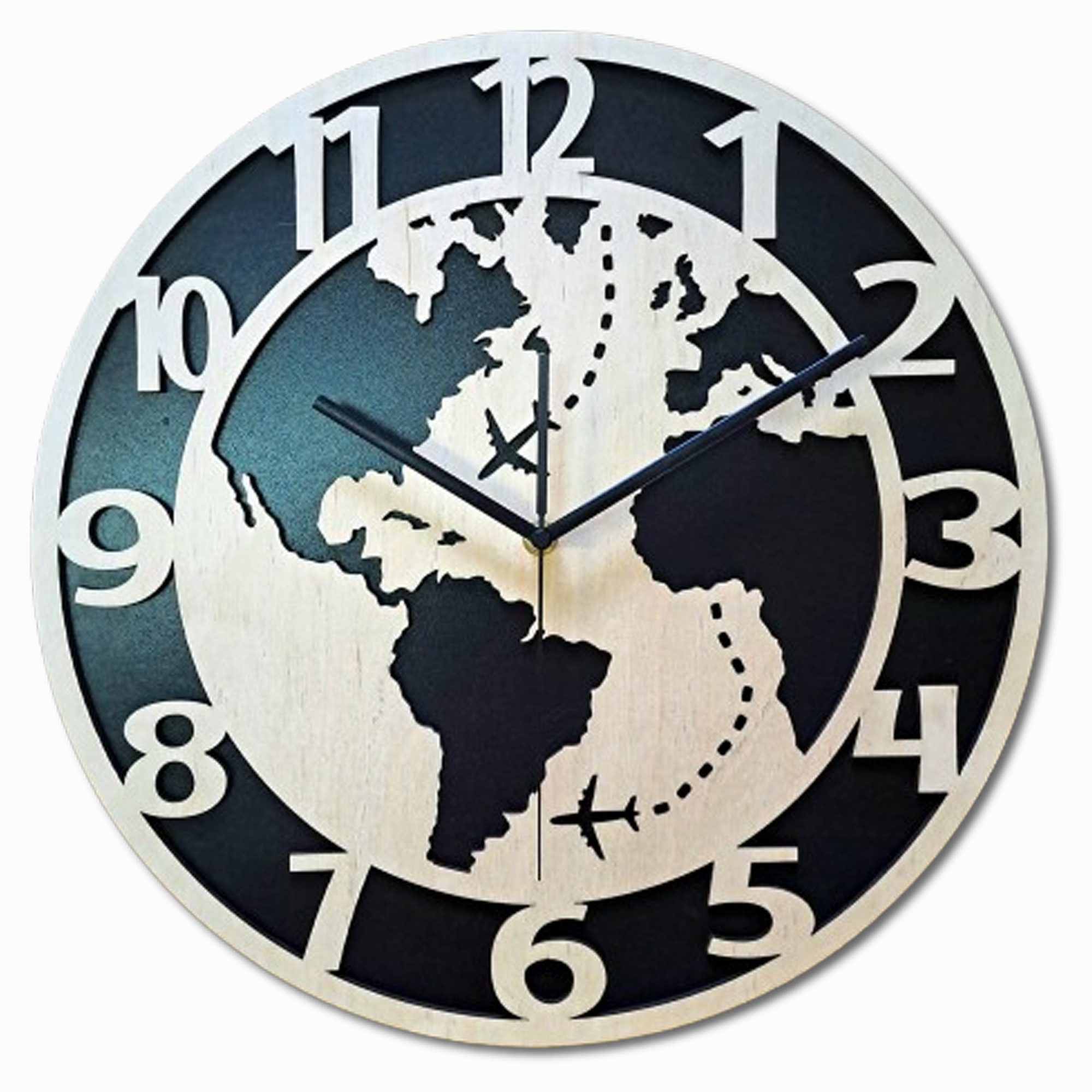 ORNAMENTI Wanduhr Dekorative Weltkarte, handgefertigte, Holz, Hingucker Wanddeko (lautlos, ohne Tickgeräusche, lesbare Ziffern)