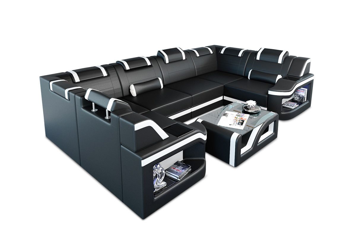 Sofa Dreams Wohnlandschaft Ledersofa Padua U Form Mini, Designersofa, Sofa mit Beleuchtung und USB