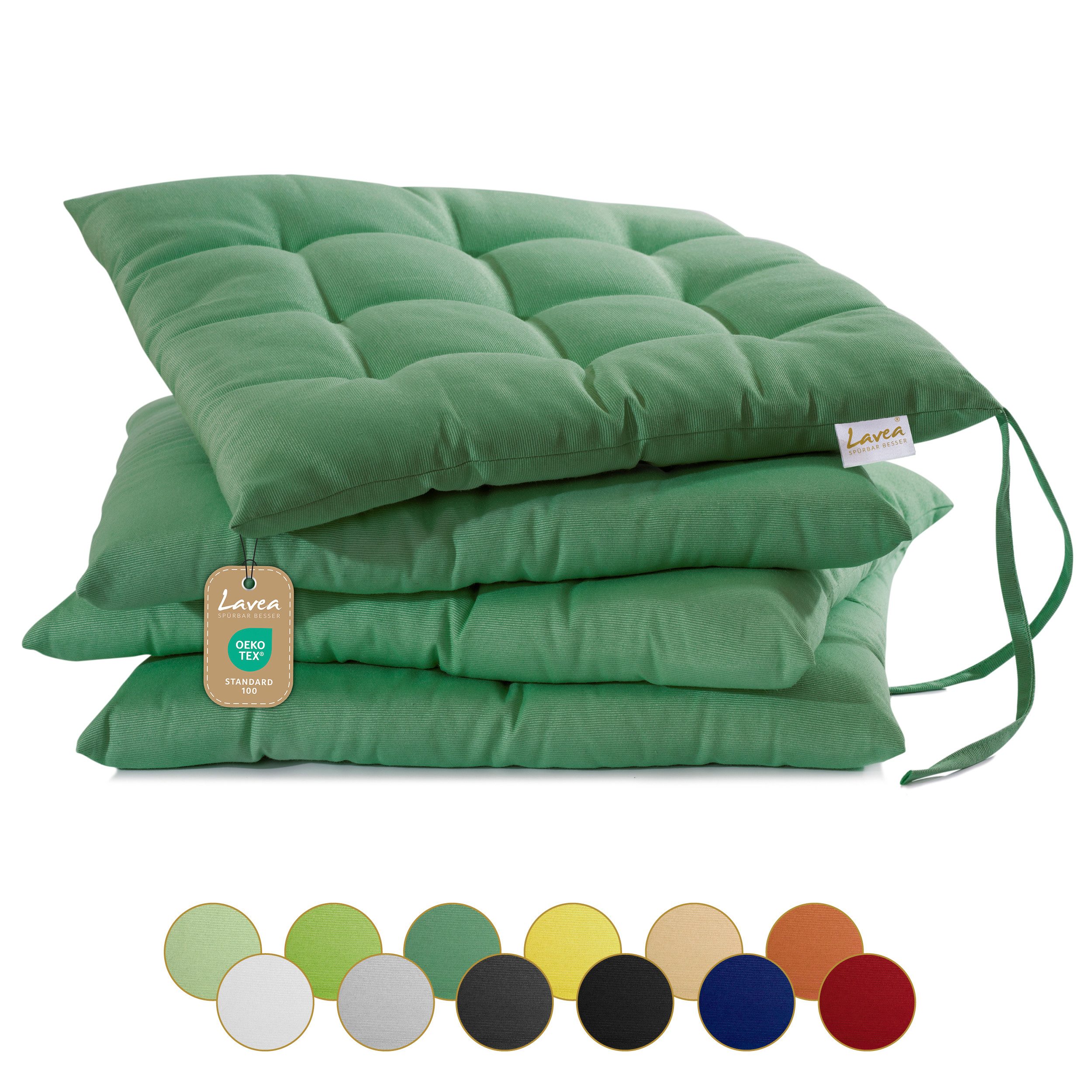 Lavea Stuhlkissen MONACO - weich gepolsterten Sitzkissen Set (4er & 8er), 40x40x3 cm, mit Stoffbändern, Indoor & Outdoor, für Garten & Balkon