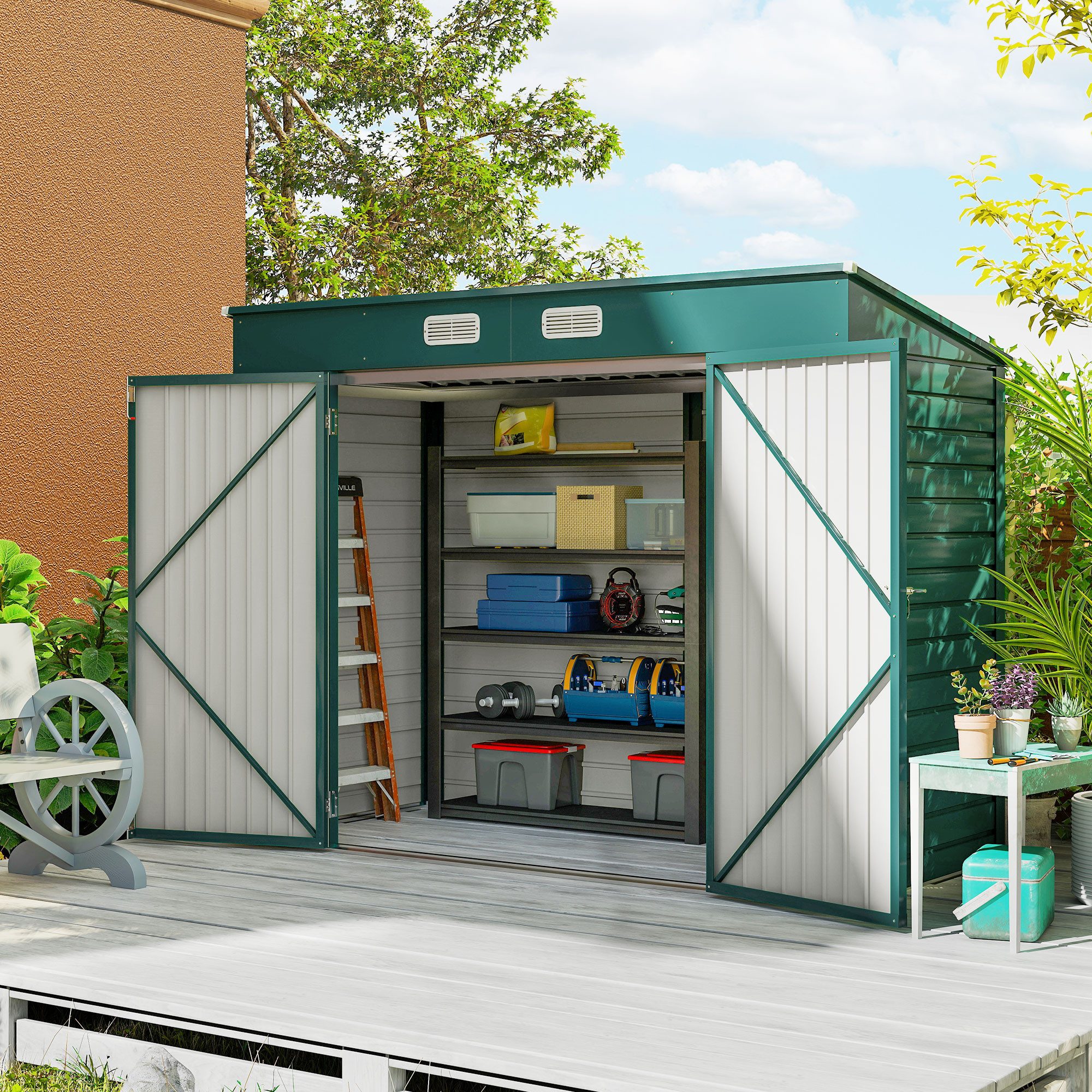 Outsunny Gerätehaus Geräteschuppen mit Pultdach, abschließbarer Doppeltür Schuppen, BxT: 249x121 cm, (Gartenhaus, 1 St., Geräteschuppen), aus Stahl, für Hinterhof, Garten, Grün