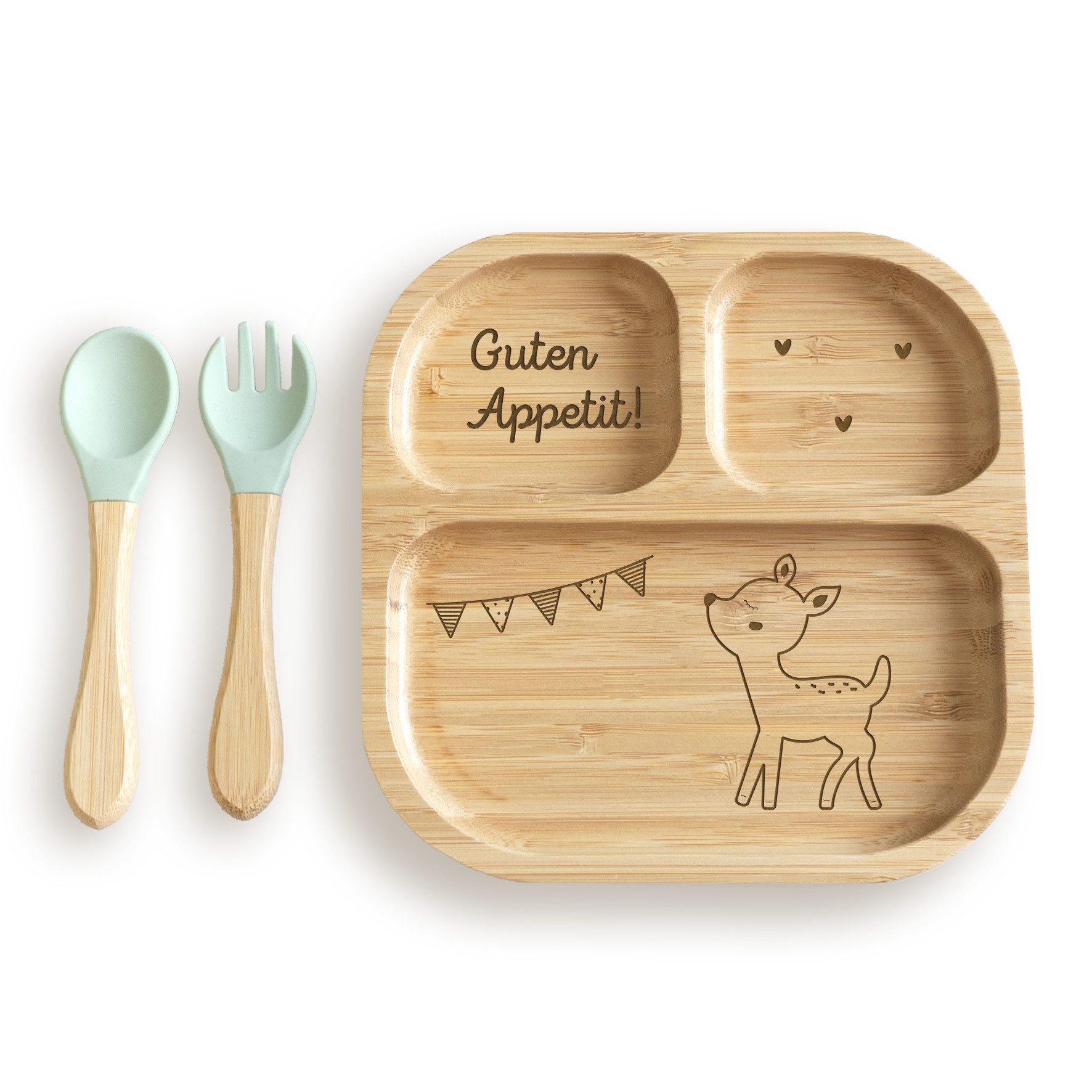 hellomini Детская посуда-Set Babyteller "Reh" Bambus Тарелки mit mint Besteck (1-tlg), 1 Personen, Bambus, Silikon, BPA-frei, mit Motiv, rutschfest,Saugnapf, Montessori-Fächer