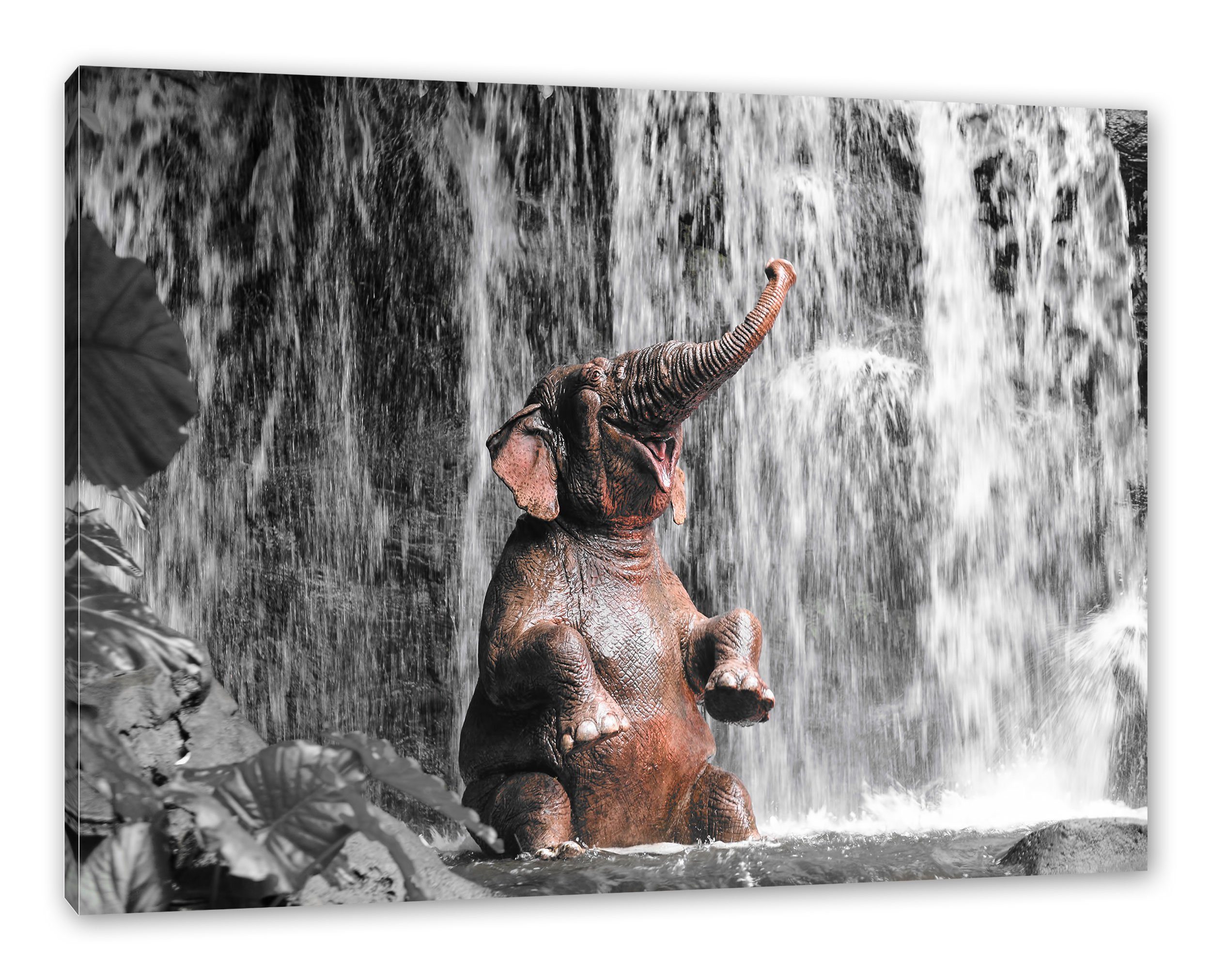 Pixxprint Leinwandbild Babyelefant am Wasserfall, Babyelefant am Wasserfall (1 St), Leinwandbild fertig bespannt, inkl. Zackenaufhänger