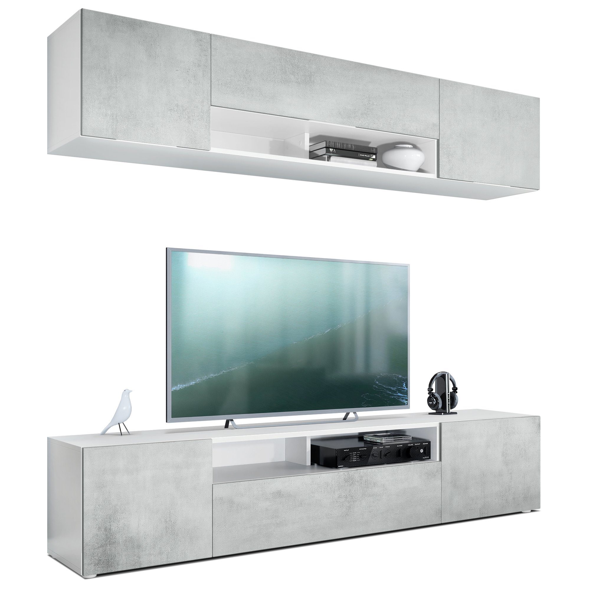 Vladon Wohnwand Mogan, (Anbauwand bestehend aus 2 TV-Boards, mit jeweils 2 Türen, 1 Klappe und 1 offenes Fach), Weiß matt/Beton Oxid Optik 2x (181 x 39 x 35 cm)