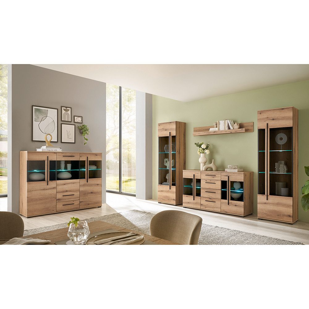 Lomadox Wohnzimmer-Set COLORADO-61, (Mega-Spar-Set, 5-St., Highboard Vitrinen Kommode Wandregal), in Eiche mit LED Glasbodenbeleuchtung und Softclose Schubladen