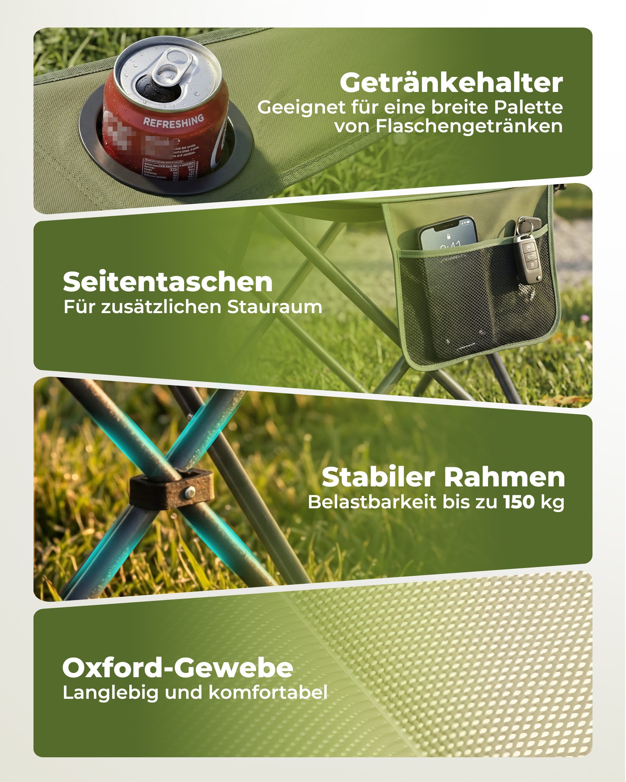 HOMECALL Campingstuhl Hochlehner 110cm mit Lendenwirbelstütze Klappstuhl Angelstuhl Faltbar (Bis 150kg, gepolstert, faltbar, stabil, 1 St), für Camp Garten Balkon