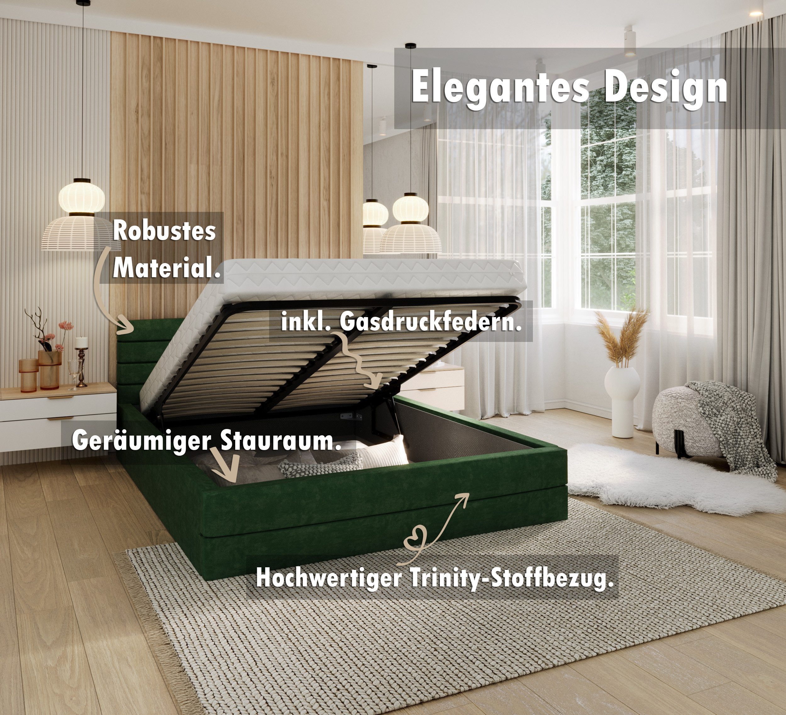 thematys Polsterbett Bett Stauraumbett Velours 90x200, 120x200, 140x200, 160x200, 180x200cm (MADE IN EU - mit hochwertigem Velours Bezug, Bettrahmen, Bett, Optional mit Matratze bestellbar, mit großen gepolsterten Kopfteil, mit Bettkasten zum aufklappen), Metallrahmen mit Lattenrost, hydraulische Klappfunktion für Stauraum