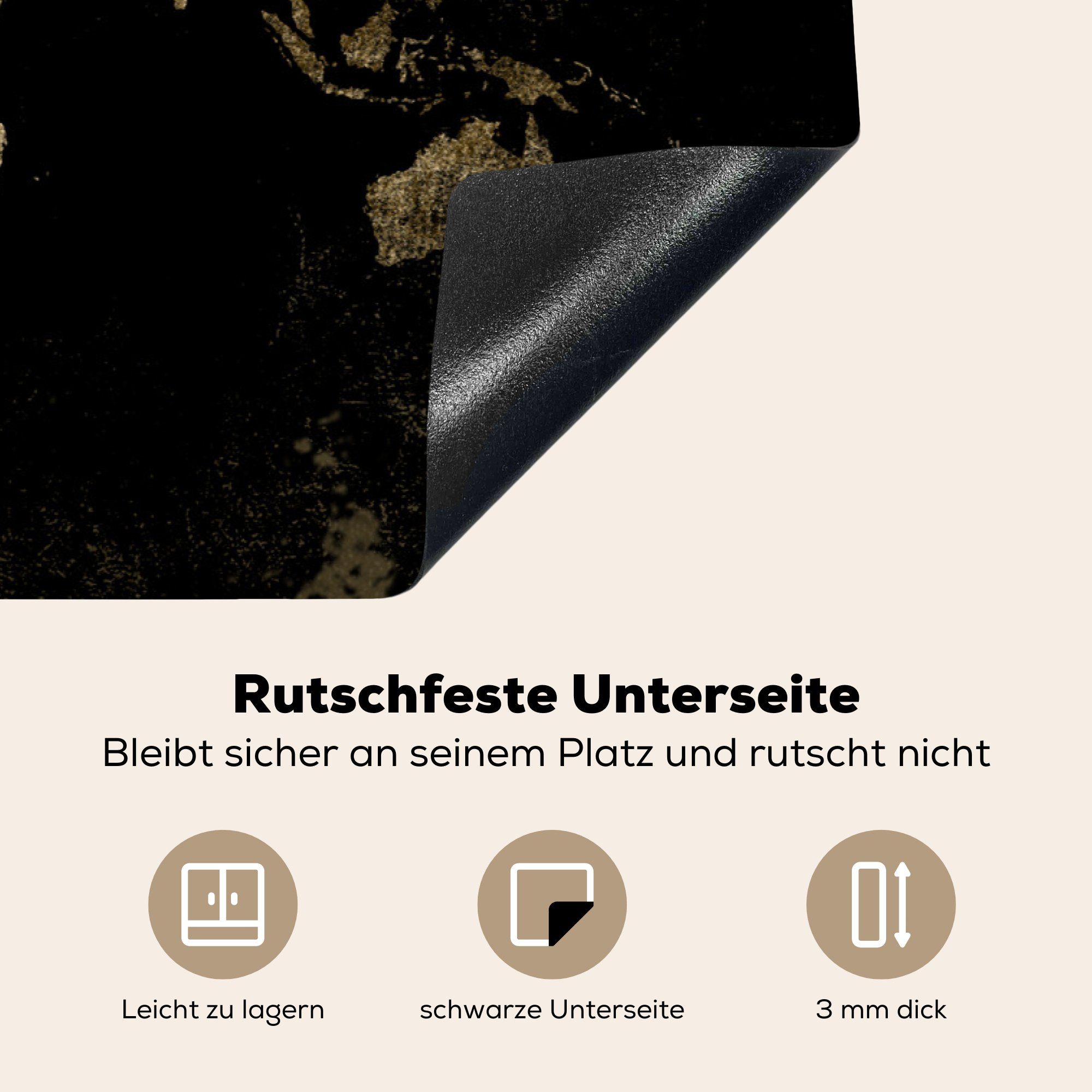 Schutz 81x52 - - Induktionskochfeld die Ceranfeldabdeckung MuchoWow Gold, Herdblende-/Abdeckplatte küche, cm, für (1 Weltkarte Vinyl, Schwarz tlg),