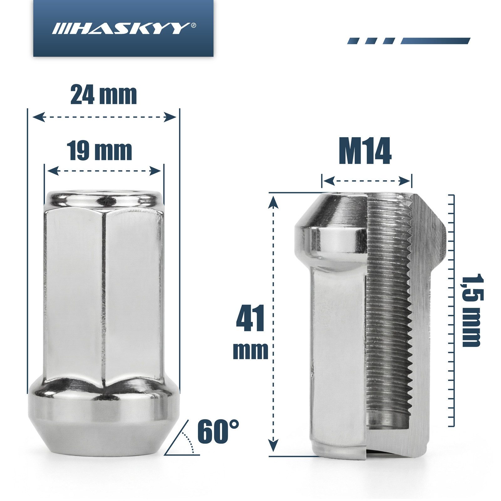 HASKYY Reifenmontagemaschine Radmuttern Mutter M14x1,5x41 mm SW19 Kegel 24x Radmuttern