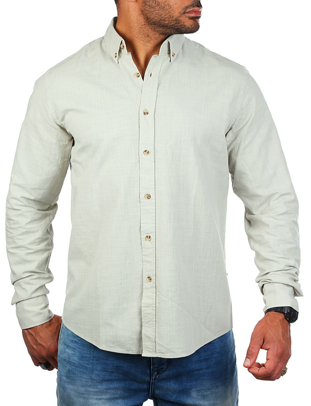 CARISMA Langarmhemd Herren Leinen Baumwoll Mix Casual Hemd 8529 Regular Button-Down-Kragen Langarm Uni