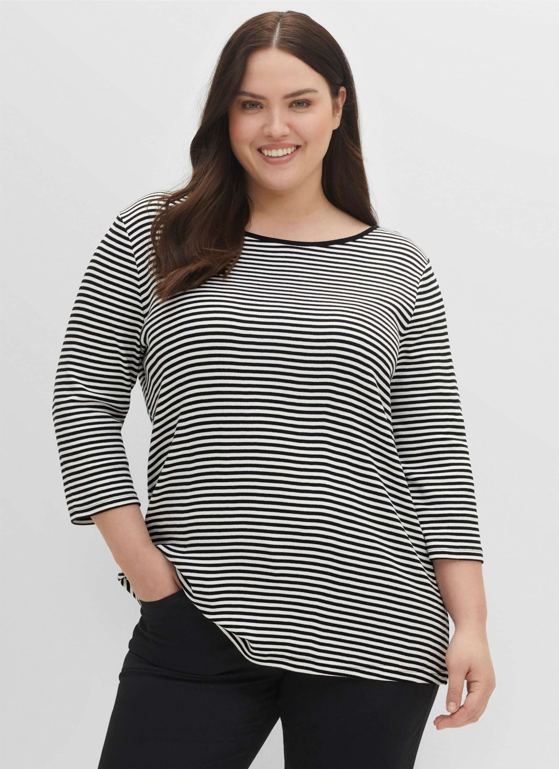 Sheego T-Shirt 3/4-Arm-Shirt 3/4-Arm aus Rippware mit garngefärbten Ringeln günstig online kaufen