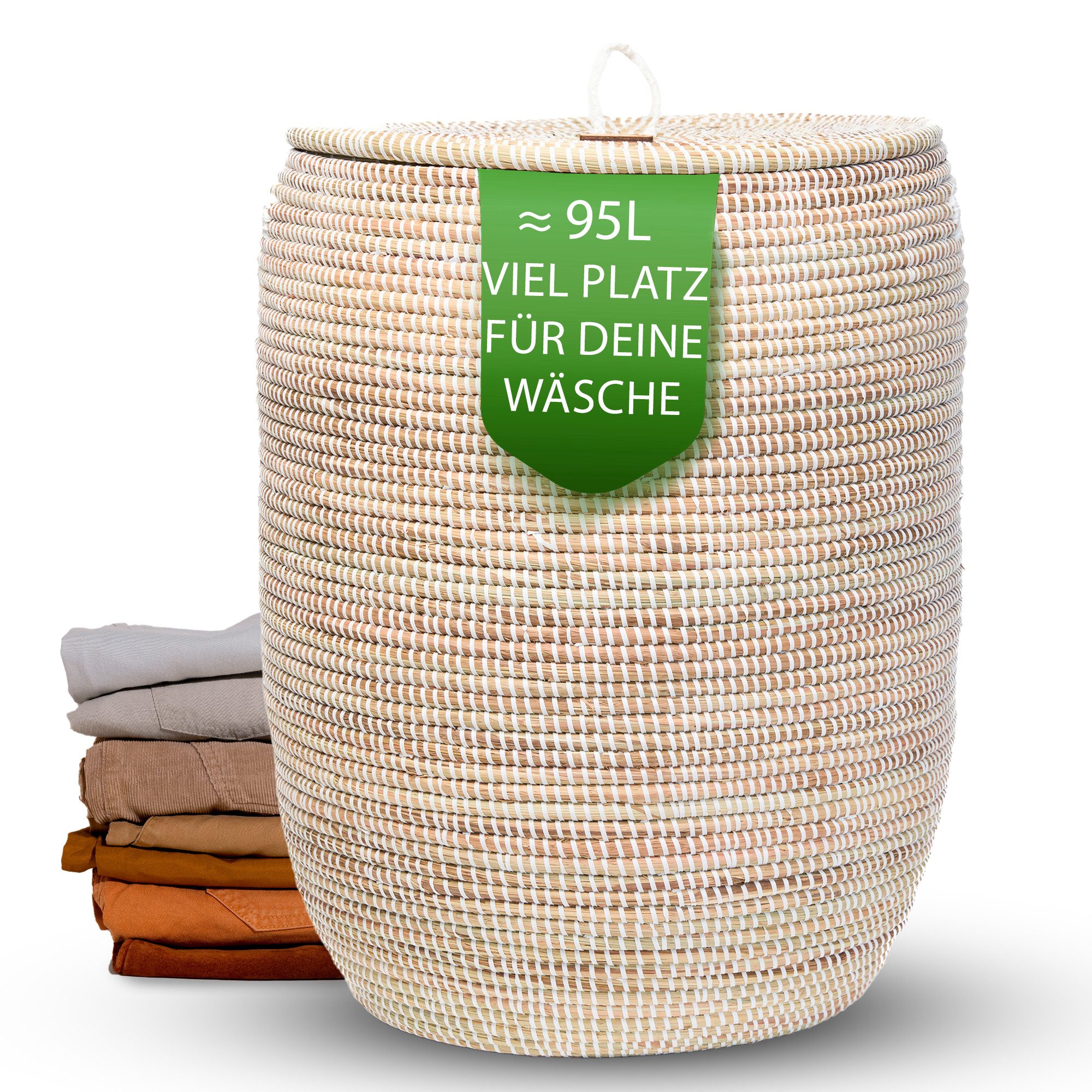 YAADU Wäschekorb mit Deckel 100L – Wäschesammler, Wäschetruhe, Aufbewahrungskorb, Handgefertigt in Afrika aus traditioneller Flechtkunst