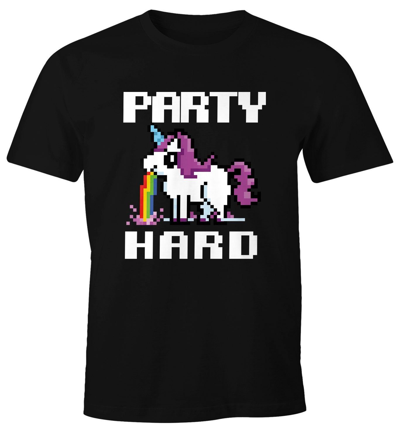 Herren Hard kotzendes Print-Shirt Spruch Moonworks® mit T-Shirt Fun-Shirt Saufsprüche Print MoonWorks Party Einhorn lustig