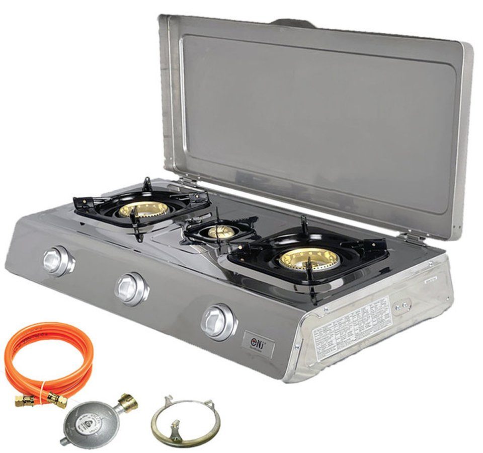 NJ The right choice Camping-Gas NSD-3C, NSD-3C Edelstahl Camping Gaskocher 3 flammig mit Deckel, Zündsicherung