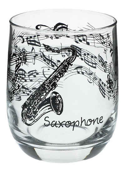 Musikboutique Glas, Trinkgefäß, bedruckt mit Saxophon-Motiv