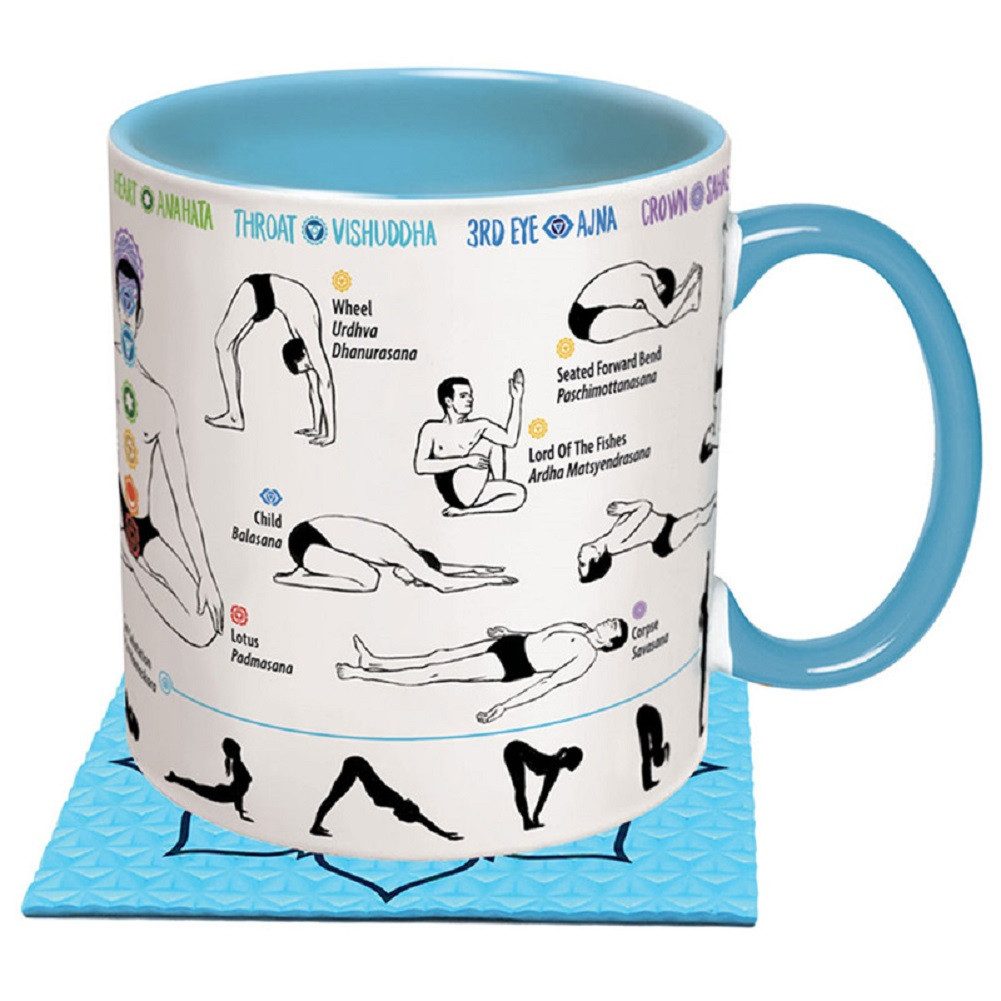 The Unemployed Philosophers Guild Becher Yoga Posen Kaffeebecher mit Untersetzer Matte, 2-tlg., Keramik, Stellung Sport Turnen Matte Untersetzer für ca. 350 ml