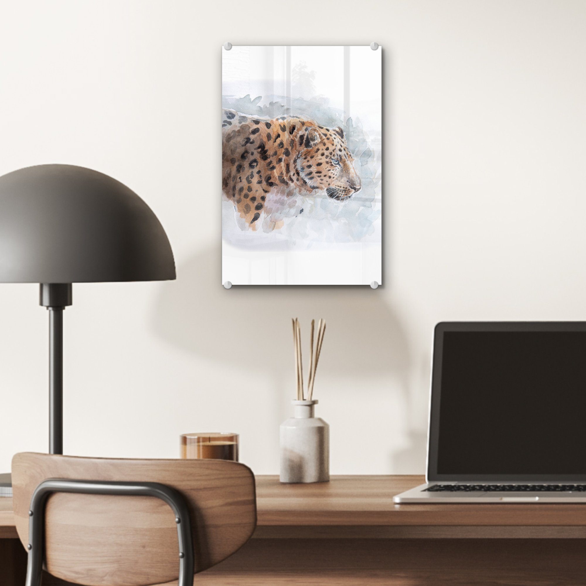 - auf Glasbilder Bilder Glas St), auf Glas (1 - Wanddekoration - MuchoWow - Foto - Aquarell Wandbild Acrylglasbild Tiere, Leopard