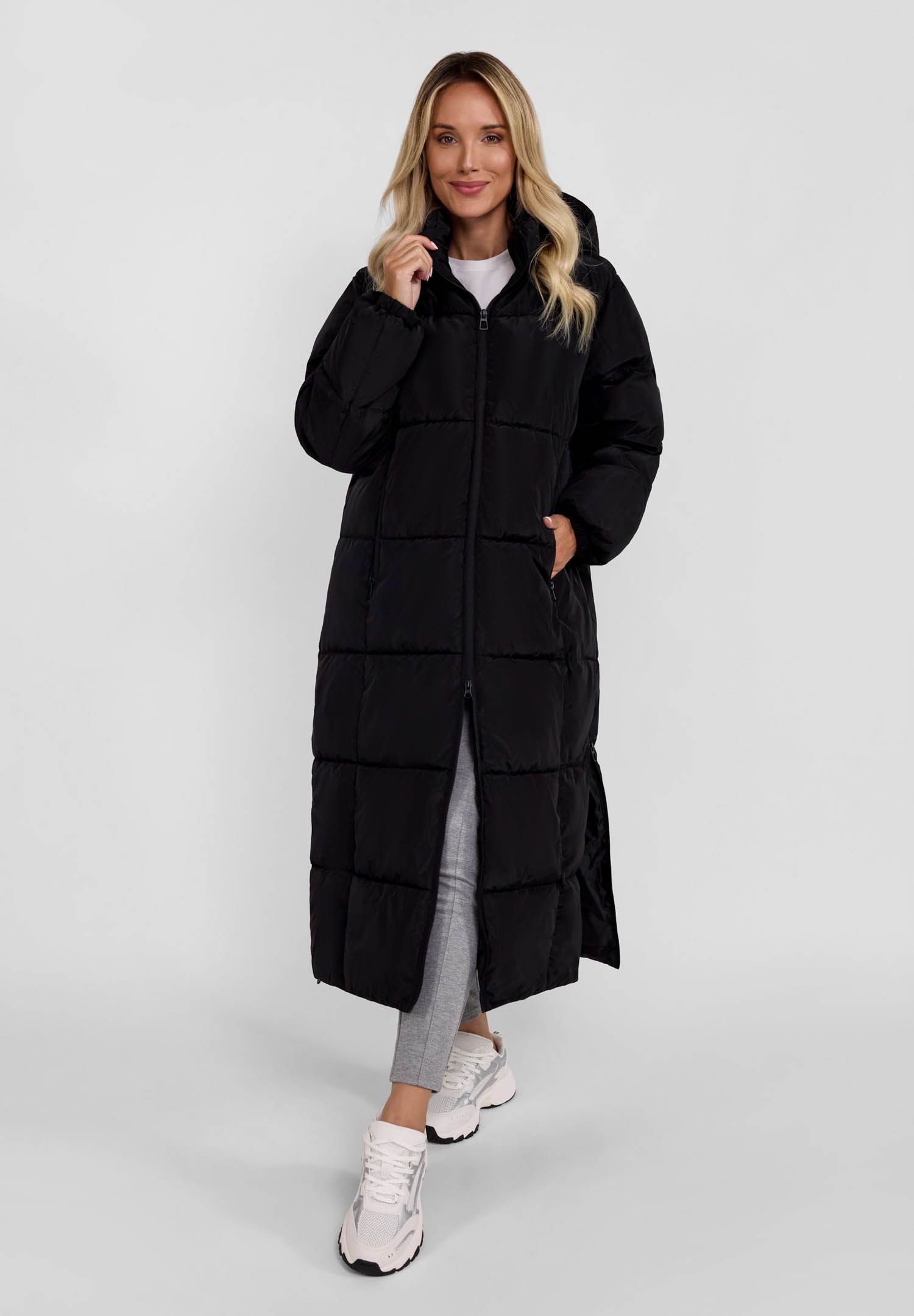 Winterjacke Lange gesteppte Winterjacke mit Kapuze und Zipperdetails (XS-XXL)