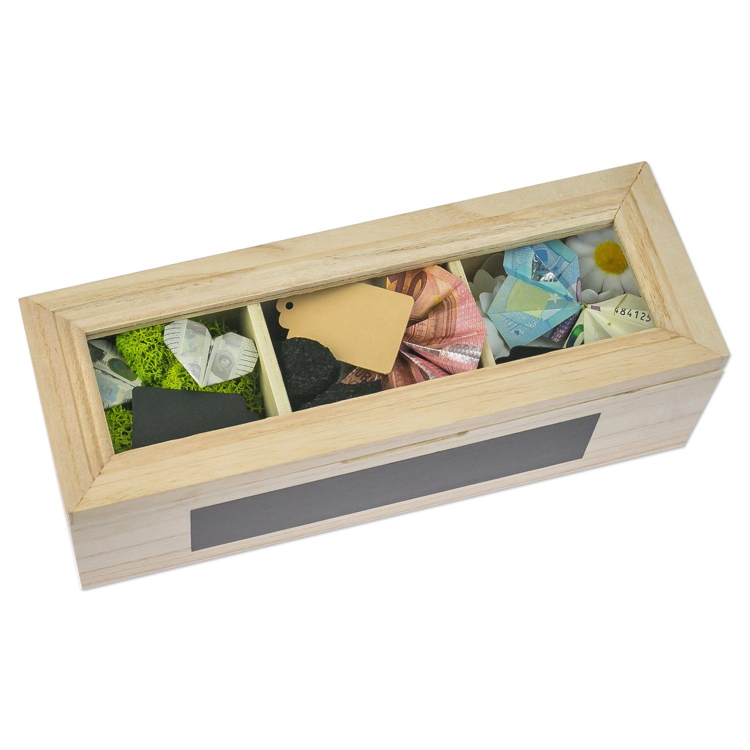 SURPRISA Geschenkbox Schotter Schatulle - kreative Verpackung für Geldgeschenke, Geschenkbox mit 3 Fächern zum Geburtstag, Abitur oder zur Hochzeit