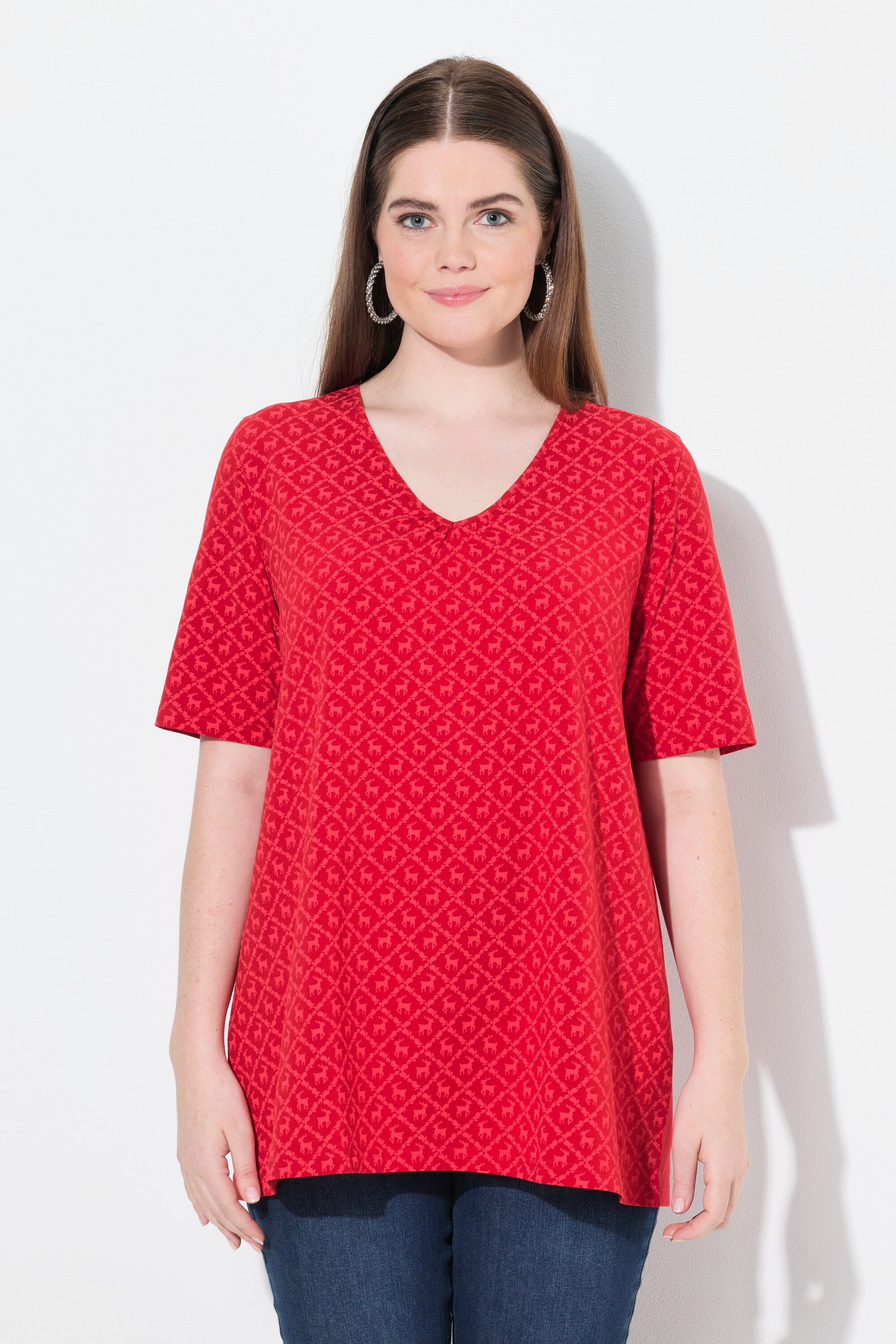 Ulla Popken T-Shirt T-Shirt Trachtenmuster A-Linie V-Ausschnitt