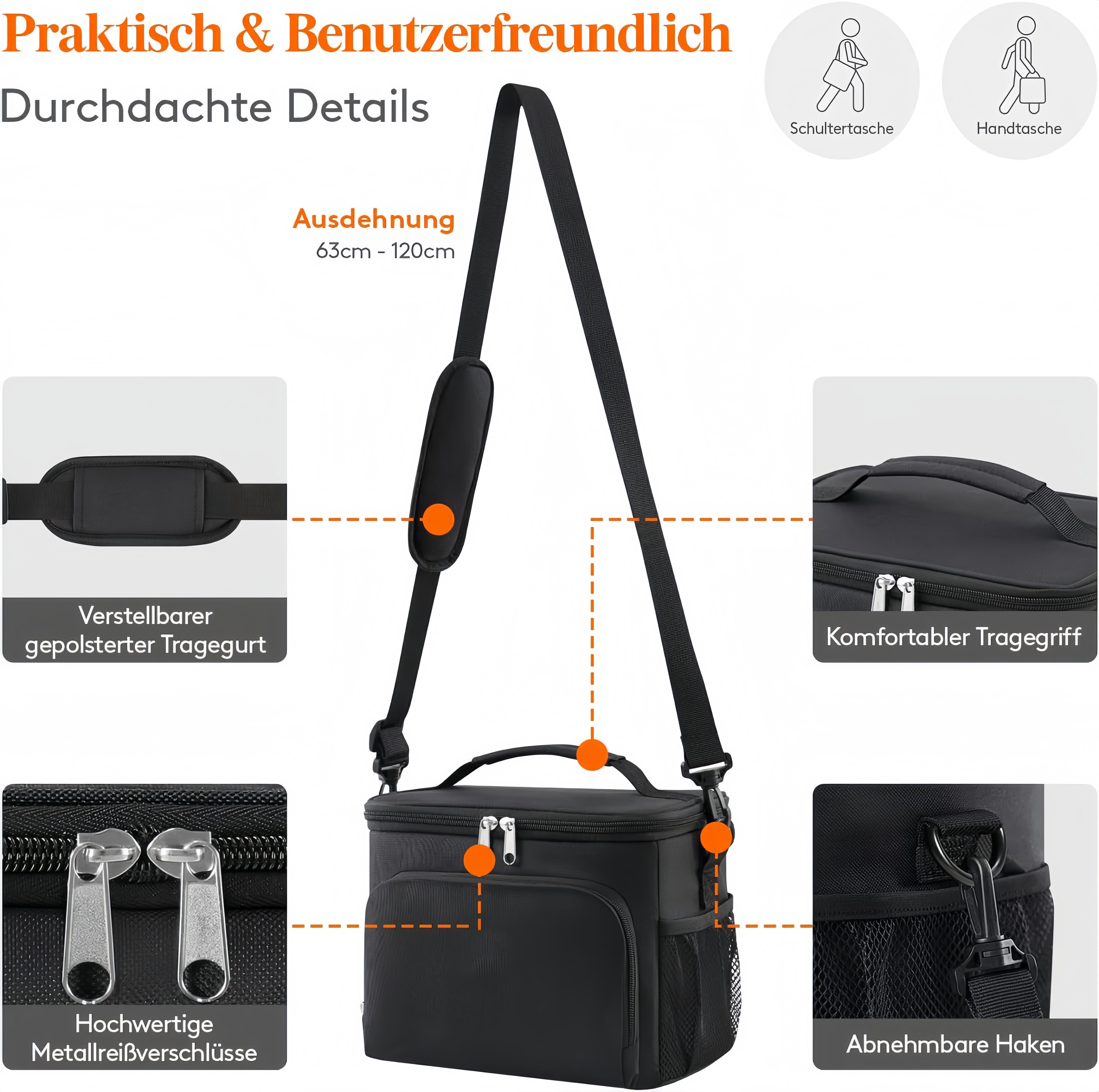 ibettertec Kühltasche Isolierte Kühltasche,Tragbare Wiederverwendbare Lunchtasche, 15 l, mit verstellbarem Schulterriemen für Erwachsene für Arbeit/Picknick – Bild 4 von 5