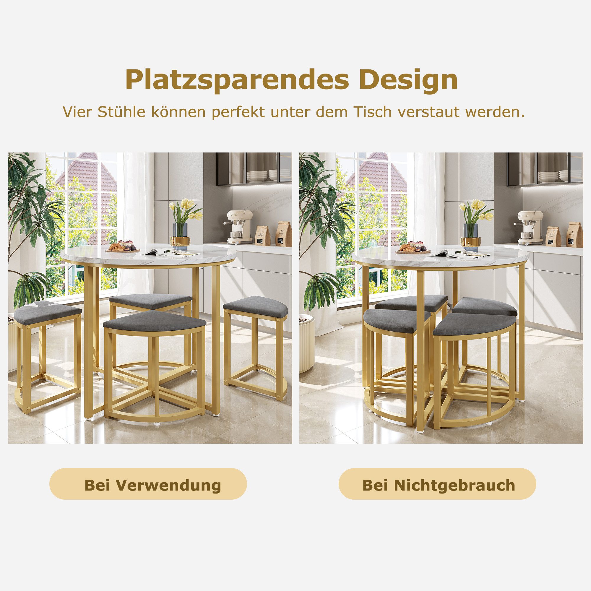 TavilaEcon Essgruppe Esszimmertisch-Set mit vier Stühlen, MDF-Tischplatte, (5-tlg), rund Esstisch, 4 kleinen Hockers – Bild 4 von 5
