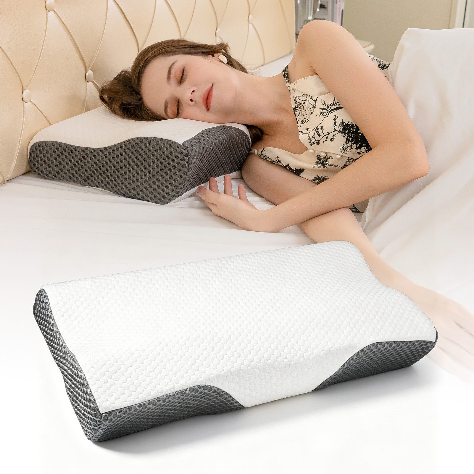 Esun Kopfkissen Memory Foam Orthopädisches Nackenkissen, 2 Höhen Nackenstützkissen, Füllung: 100% Memory Foam, Ruckenschlafer, Bauchschlafer, Seitenschlafer, Set, nackenkissen orthopädisch, schlafkissen, Kissen, Pillow, Seitenschläferkissen, Schlafkissen