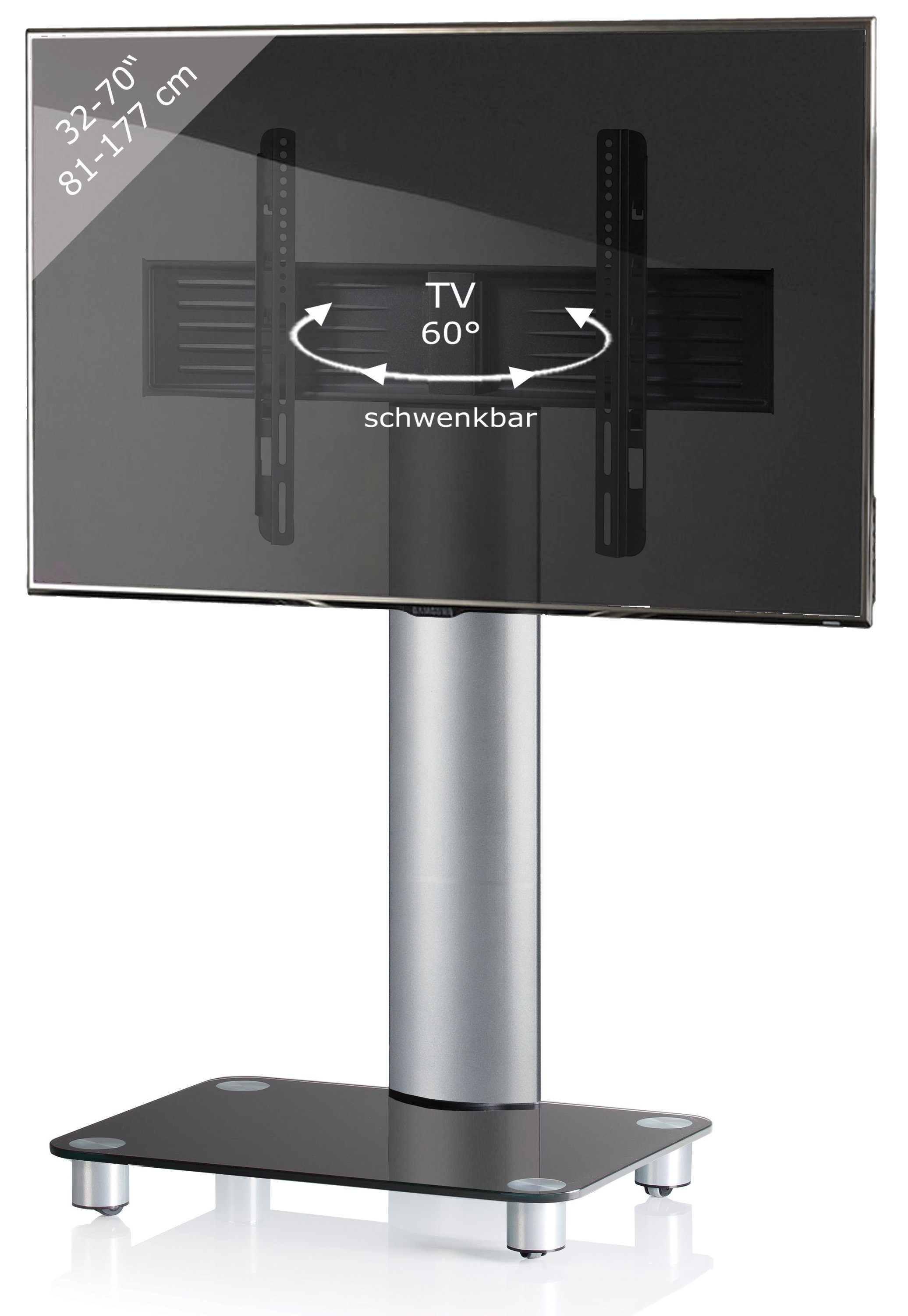 VCM TV-Ständer Tosal B. 60 x T. 44 x H. 100 cm, (1, Schwarzglas, schwenkbar, für Wohnzimmer oder Büro)