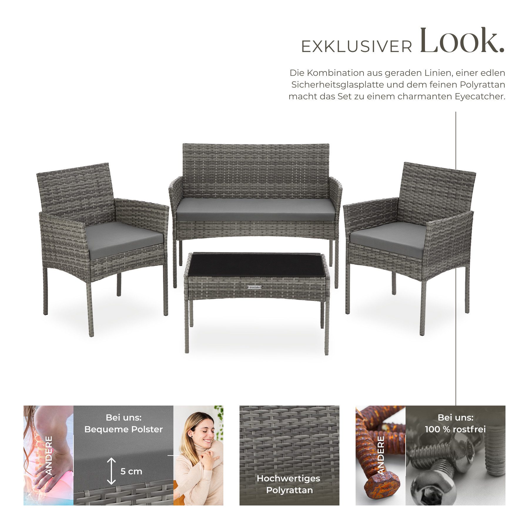 tectake Sitzgruppe Rattan Gartenset für 4 Personen, Sofa 250 kg, je Sessel 120 kg, (Loungeset Palese, 4-tlg., für Außen in Grau), abnehmbare Polyesterbezüge, wetterfest, mit Sicherheitsglasplatte