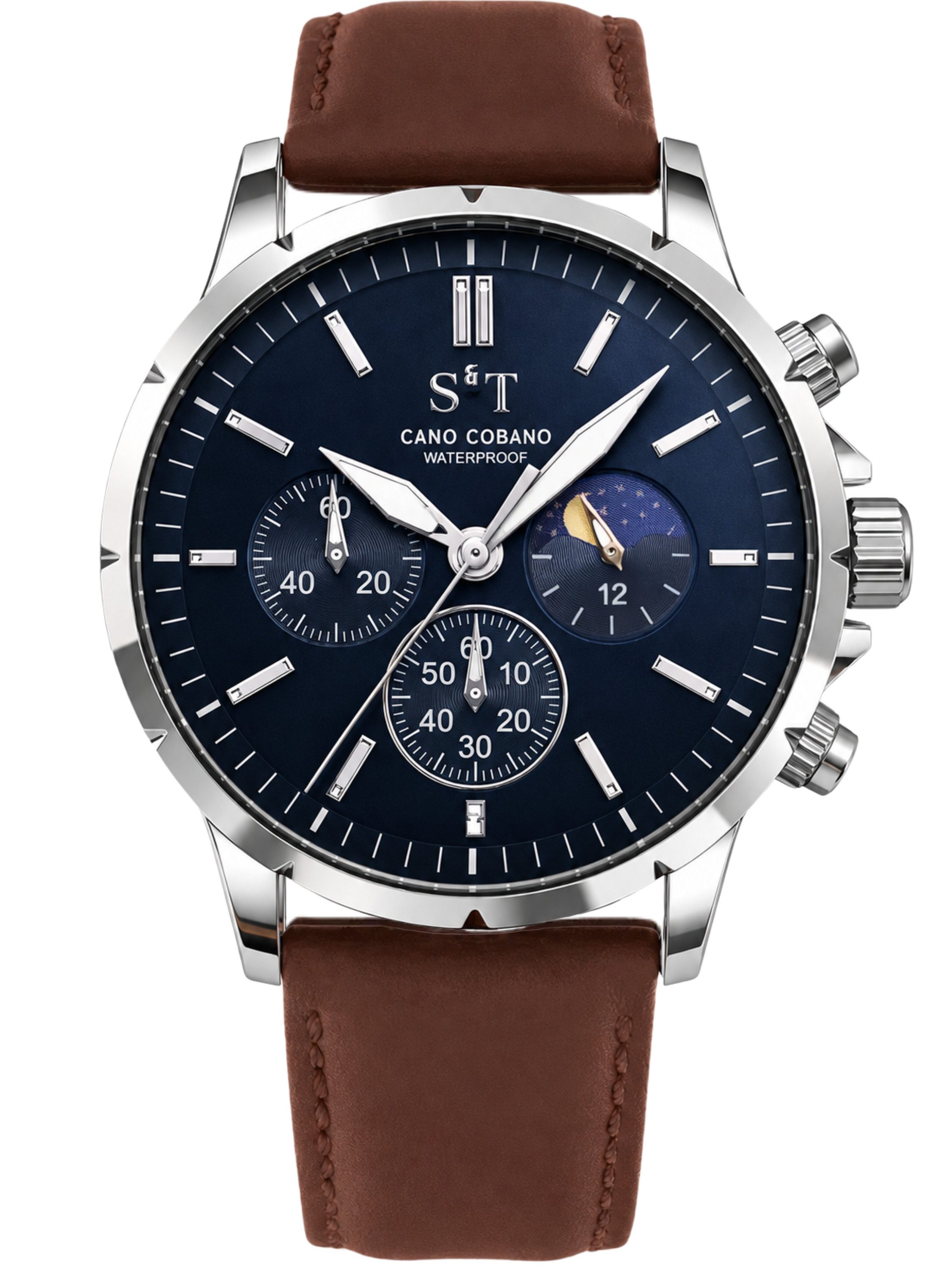 S&T Design Quarzuhr Herrenuhr Leder Chronograph Armbanduhr Braun Edelstahl Wasserdicht Cano Cobano, (Packung, 1-tlg., mit Uhrenbox), Männer Uhr Dunkel Blau Wasserdicht Business Uhr Leder Herren Geschenke