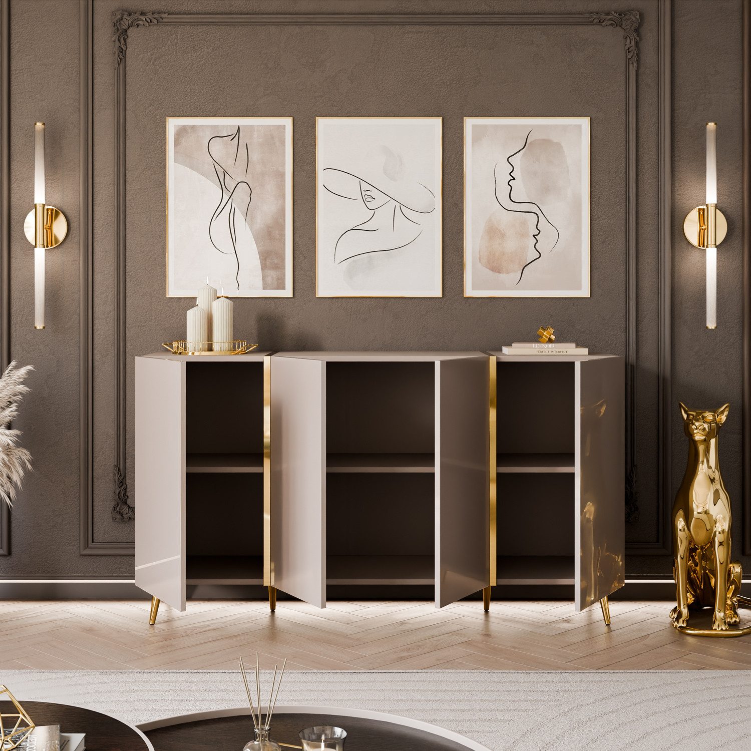 Lookway Kommode ONYX 4D Kaschmir auf goldenen Beinen Hochglanz 158 cm, Breite: 158 cm