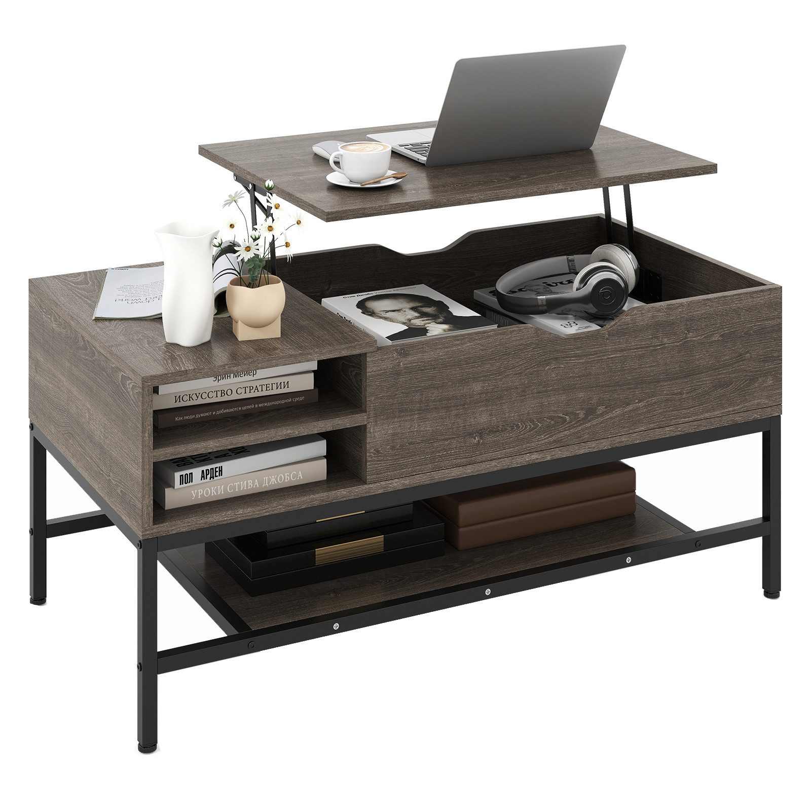 KOMFOTTEU Couchtisch, Sofatisch Kaffeetisch mit Offenem Fach & Ablagefach
