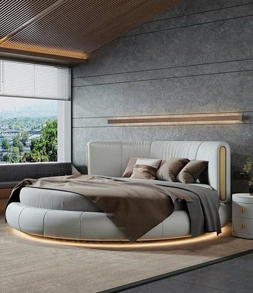 Xlmoebel Rundbett Weißes LED-Polsterbett von XLMOEBEL mit modernem Design, Made in Europa