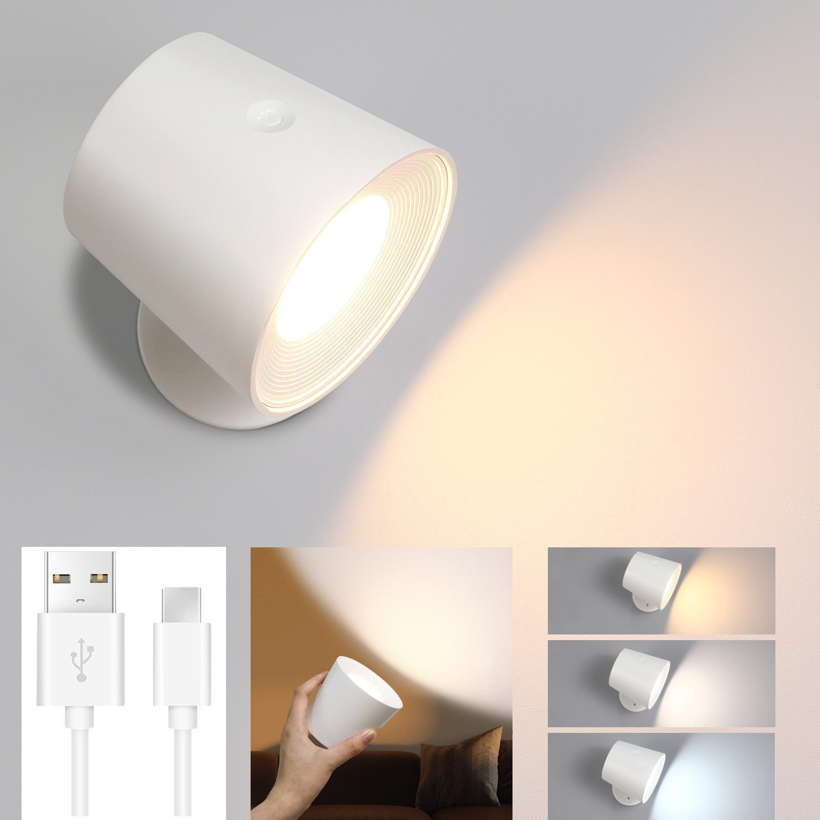 ZMH LED Wandleuchte Leselampe 360° Drehbar Wandlampe 3 Helligkeitsstufen Weiß, Augenschutz, LED fest integriert, Warmweiß-Neutralweiß-Kaltweiß, Touch Control Kabellose Wandleuchten Wohnzimmer Schlafzimmer