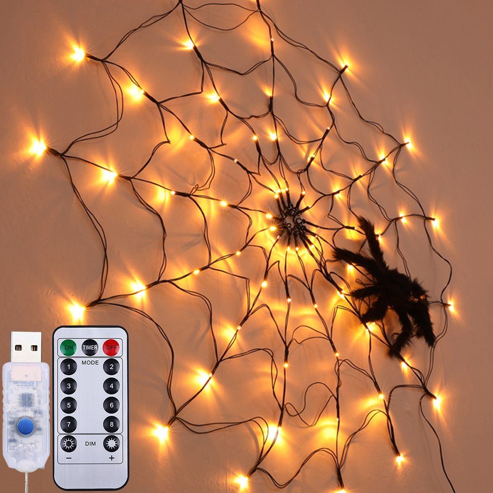 Laybasic Dekolicht für Dekor& Party Spukhaus Dekoration Lichterkette, Spinnennetz Lichter,LED Warmweiß Beleuchtete Halloween Batterie, Halloween,Wand,Garten,Hof Batterie/USB