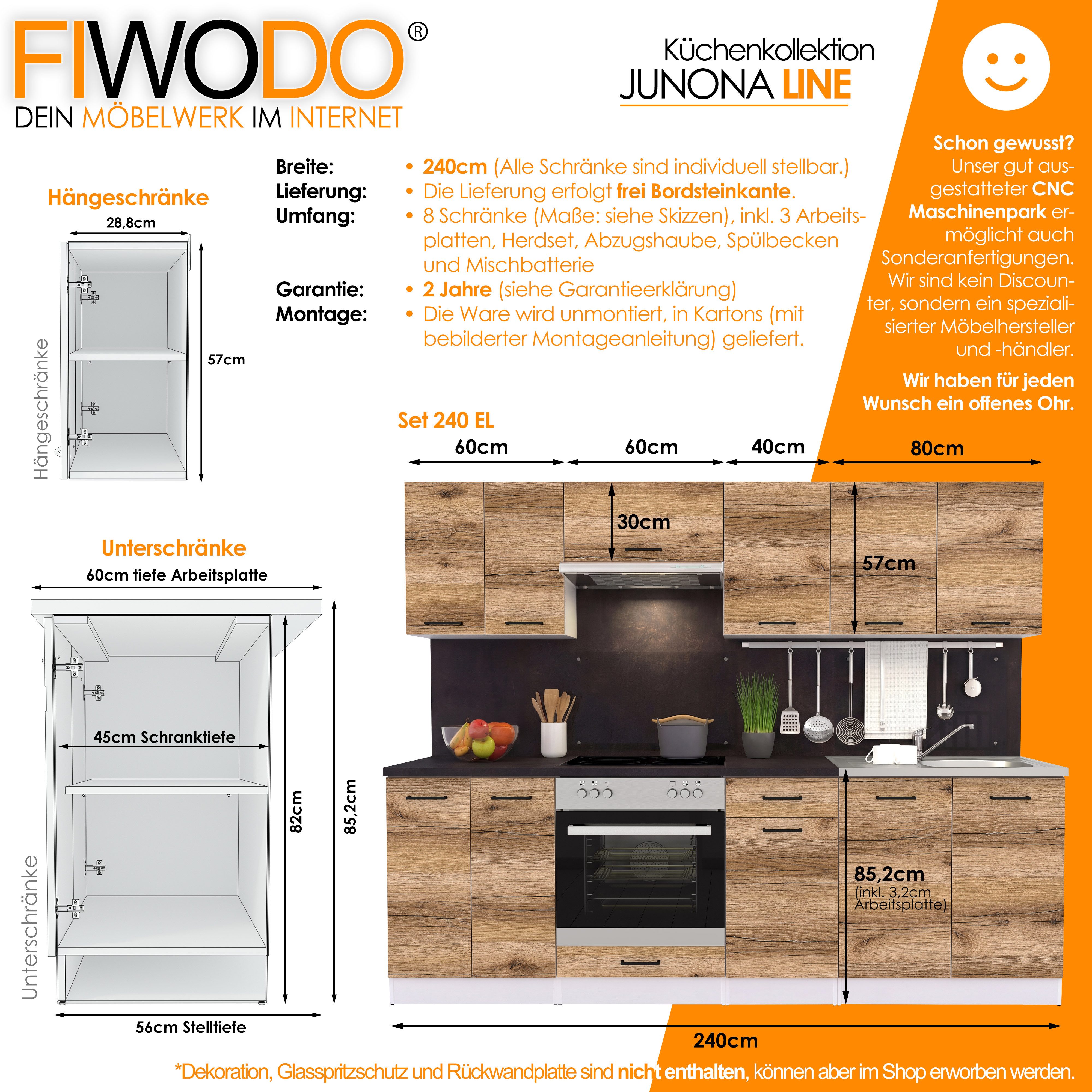 FIWODO.de - Votre magasin de meubles en ligne : Cuisine, kitchenette 240 cm avec électroménager, évier et plan de travail (ensemble), largeur 240 cm, avec évier, avec plan de travail