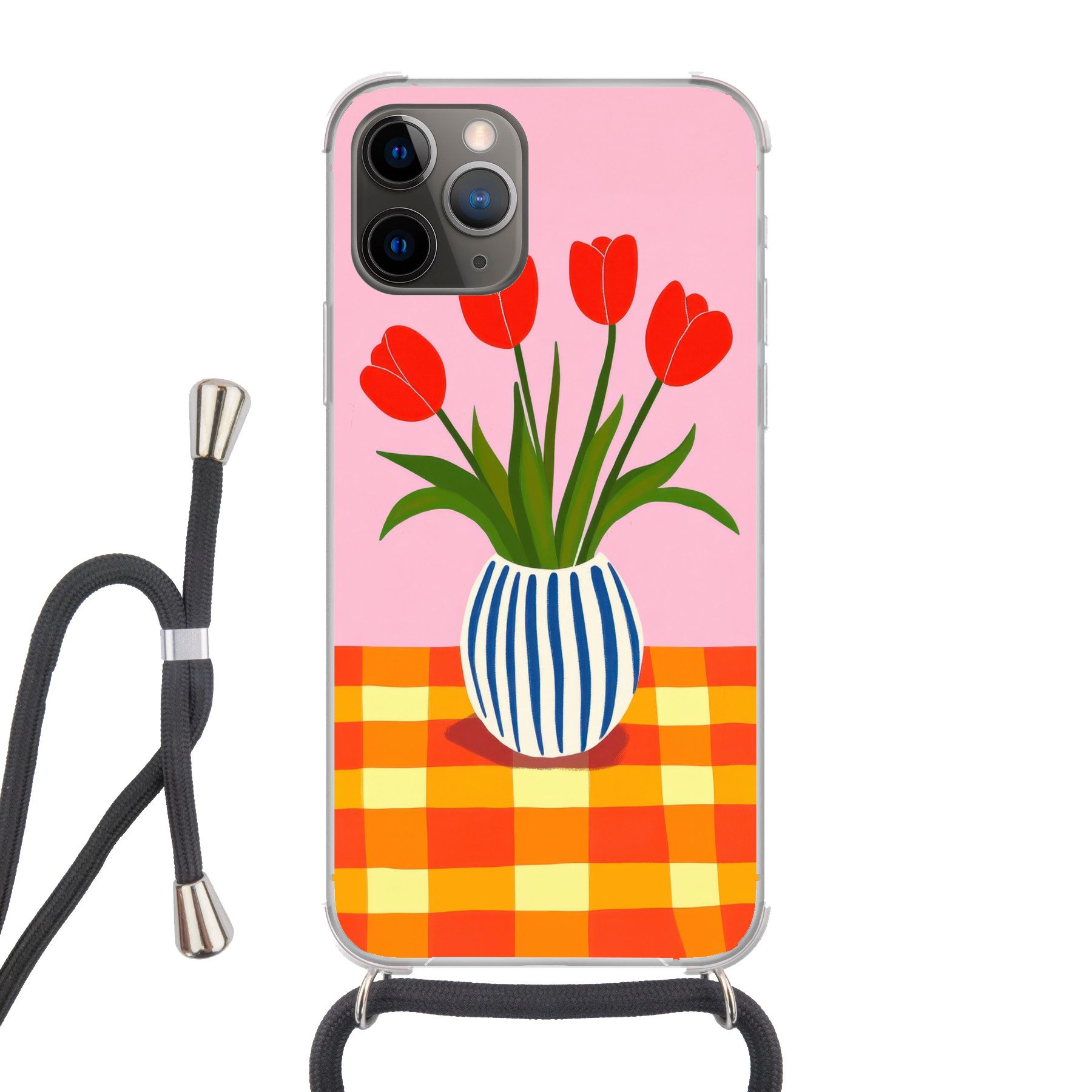 MuchoWow Handyhülle für Apple iPhone 13 Pro Max Tulpen - Rosa - Vase, Tragbare Handyhüllen mit Kette zum umhängen, Handykette Handyband