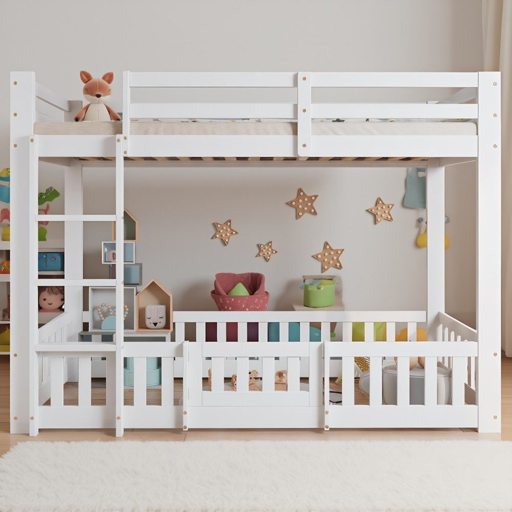 MODFU Etagenbett mit rechtwinkliger Treppe, Geländer und Tür (Hochbett mit Absturzsicherung, freier Gestaltungsraum unter dem Bett, Jugendbett Holzbett 90x200cm), ohne Matratze