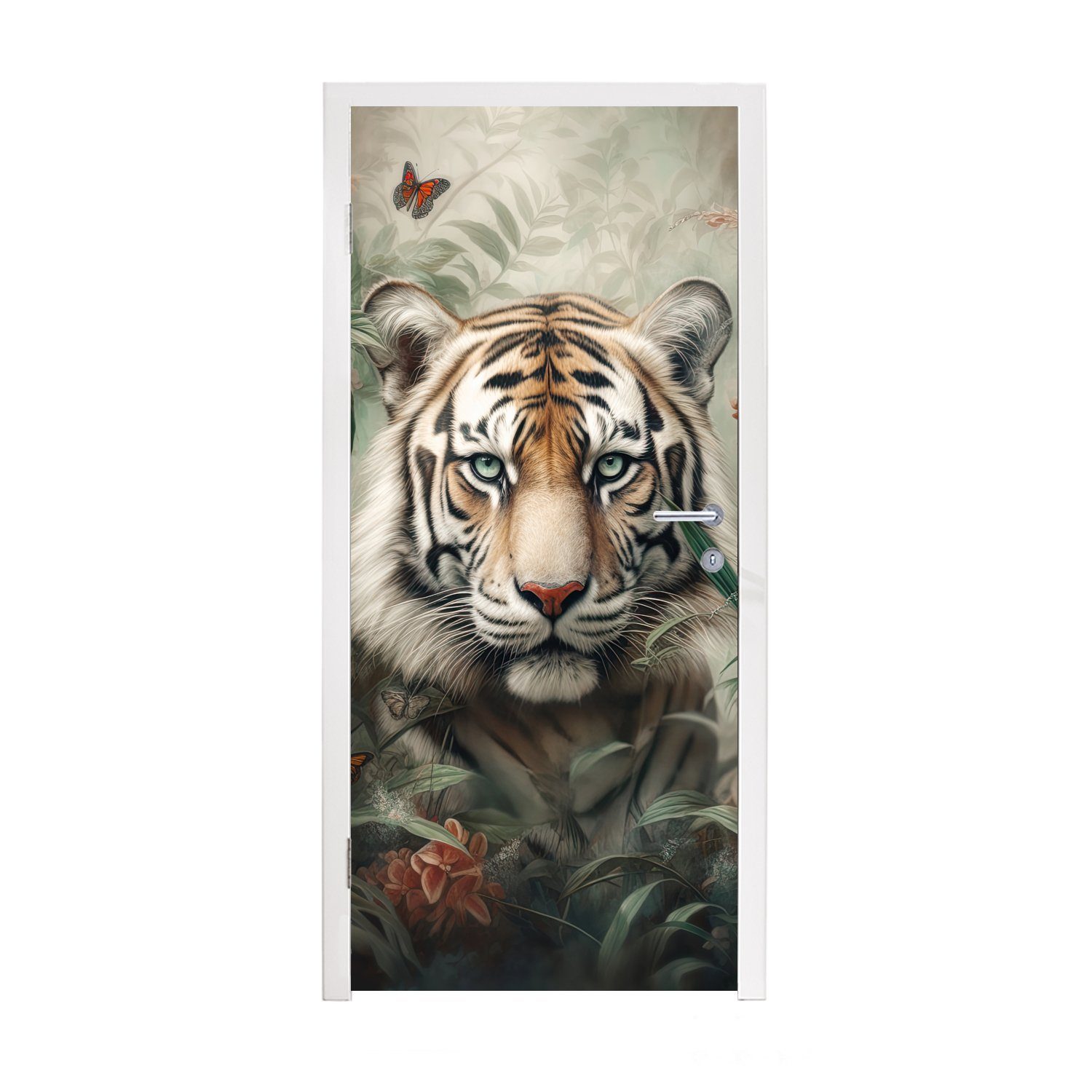 MuchoWow Türtapete Tiger - Schmetterlinge - Tiere - Dschungel - Blumen, Matt, bedruckt, (1 St), Fototapete für Tür, Türaufkleber, 75x205 cm