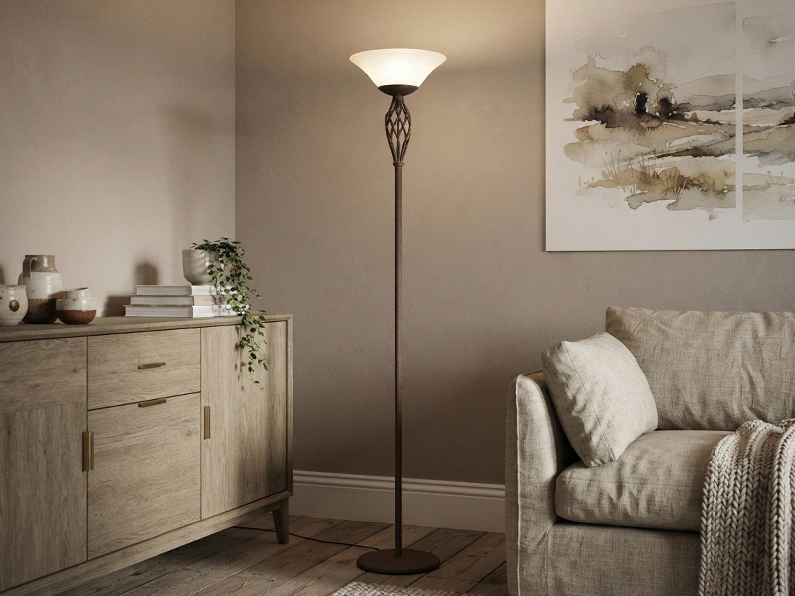 TRIO Leuchten LED Deckenfluter Rostoptik mit Glasschirm, Höhe 180cm, dimmbar, LED wechselbar, Warmweiß, große Stehlampe Landhausstil, Wohnzimmer Lampe stehend inkl. E27 LEDs