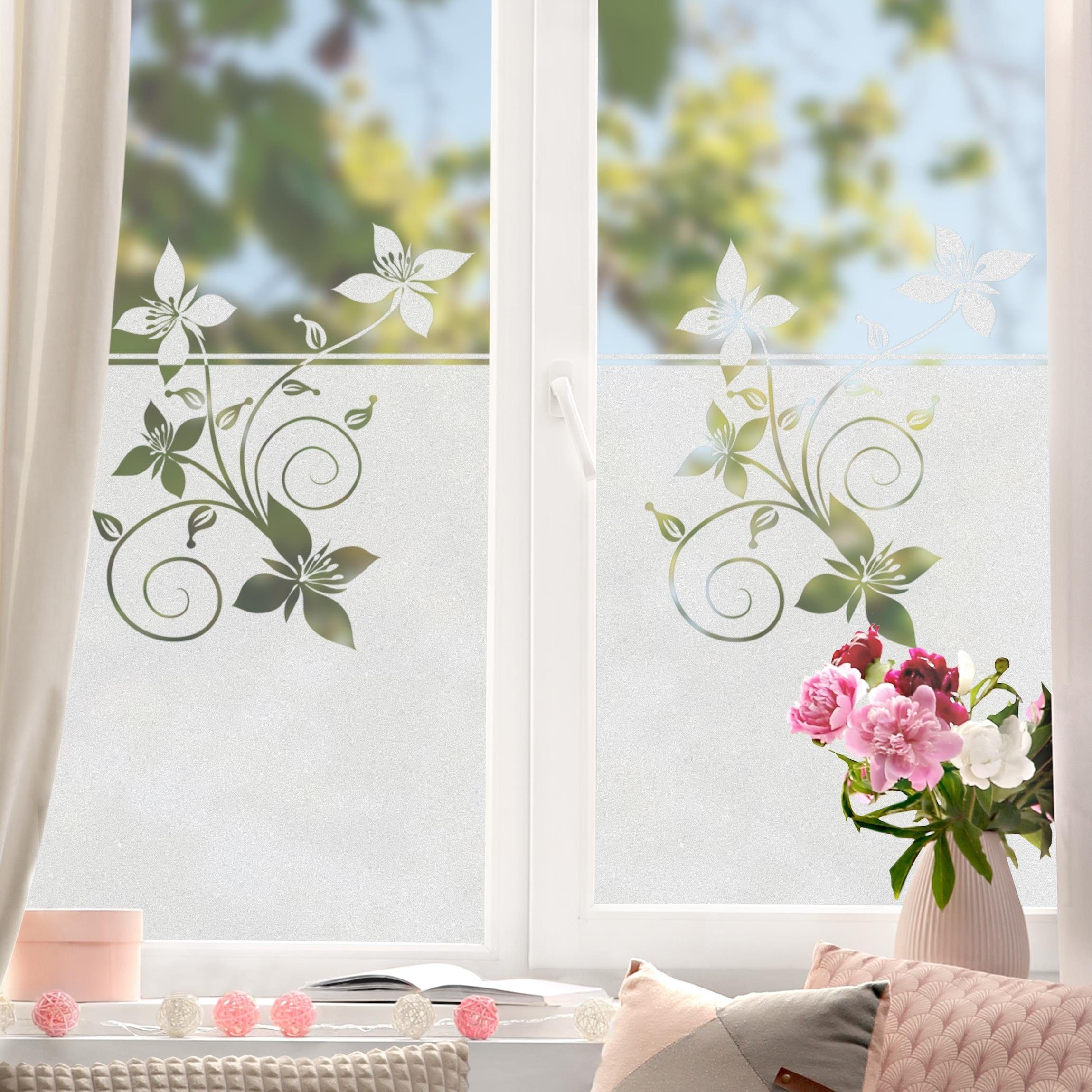 Fensterfolie statisch haftend Motiv Fensterdeko Blütenzauber Bordüre Blume,  Bilderdepot24, blickdicht, Innen Fenster Tür Balkontür Küche Badezimmer  Wohnzimmer Schlafzimmer