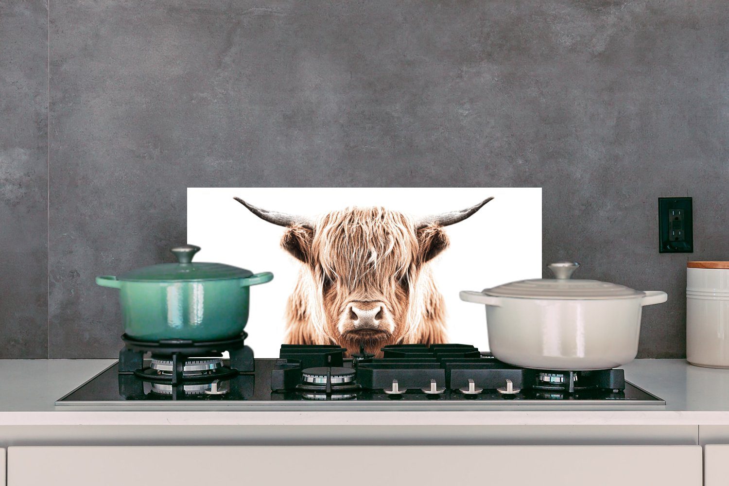 MuchoWow Küchenrückwand Schottischer Highlander Tiere, Kuh (1-tlg), für Wandschutz, - gegen Schmutzflecken Fett und Küchen - cm, 60x30