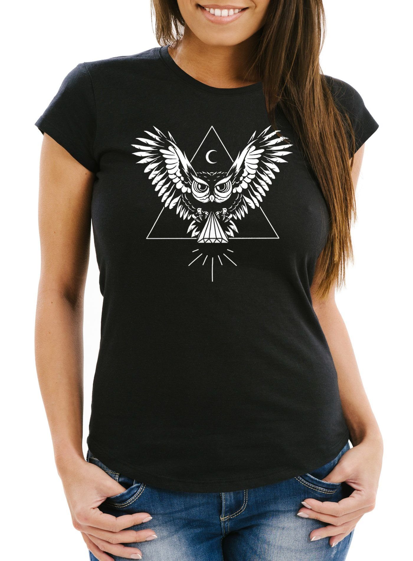 Neverless Print-Shirt Damen T-Shirt Eule Slim Fit mit Print günstig online kaufen