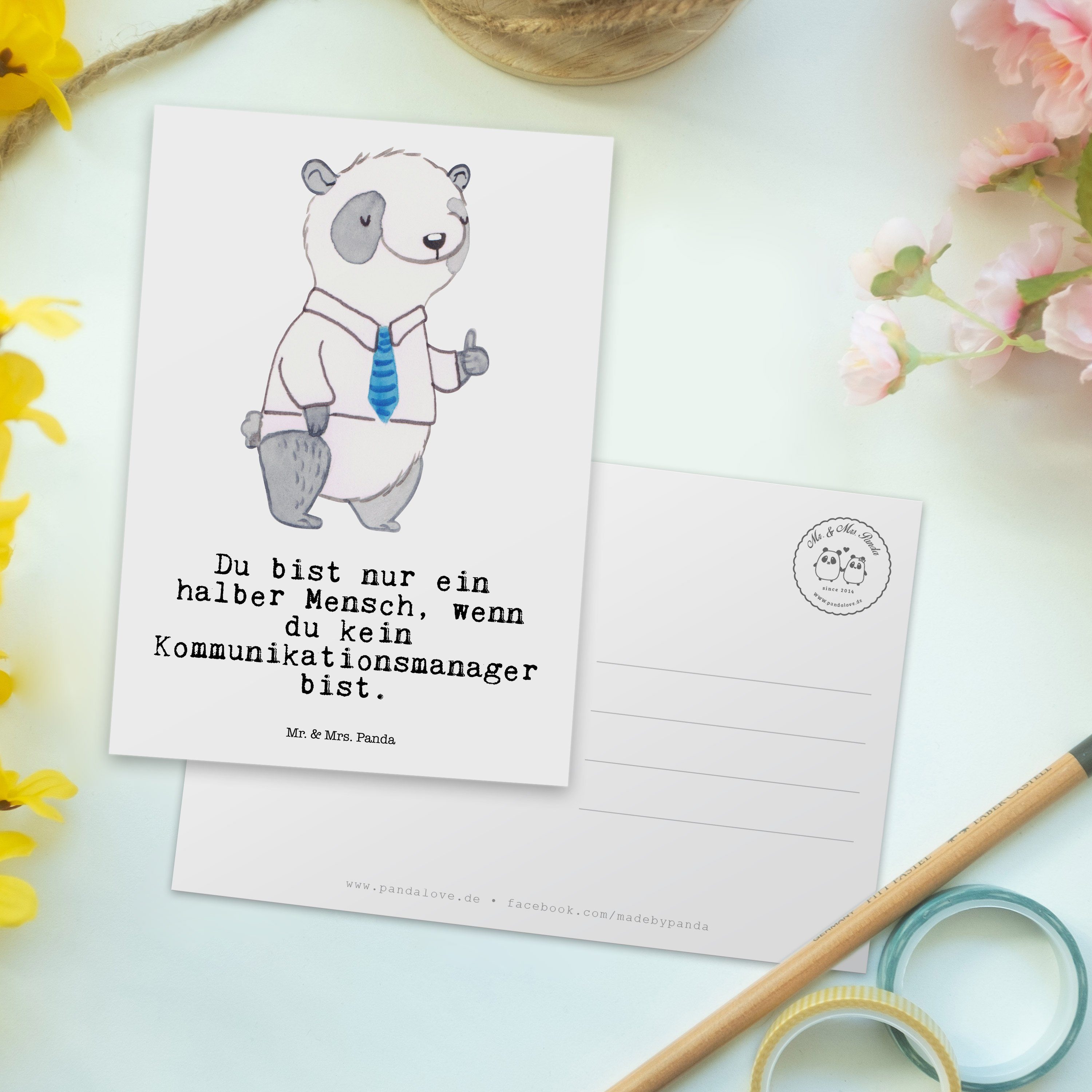 Herz - Panda communic - Mrs. Kommunikationsmanager Postkarte Geschenk, Grußkarte, mit Weiß & Mr.
