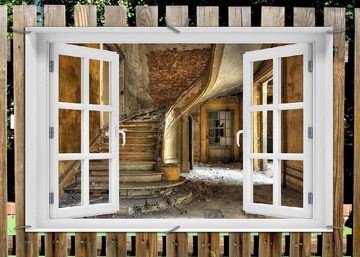 Wallario Sichtschutzzaunmatten Massive Steintreppe in herrenlosem Haus, mit Fenster-Illusion