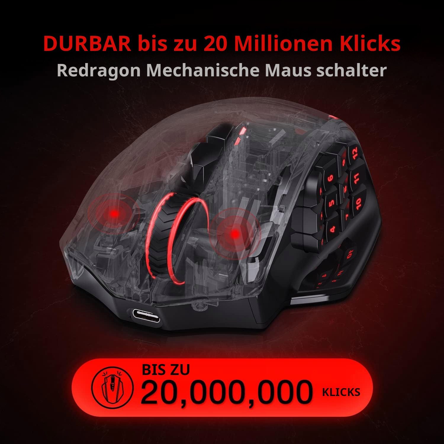 Redragon M913 Kabellos/Kabelgebunden, 16000 DPI, RGB & 2 Verbindungsmodi Gaming-Maus (2,4 GHz kabellos und USB-C kabelgebunden, 16 programmierbare Tasten für Esports)
