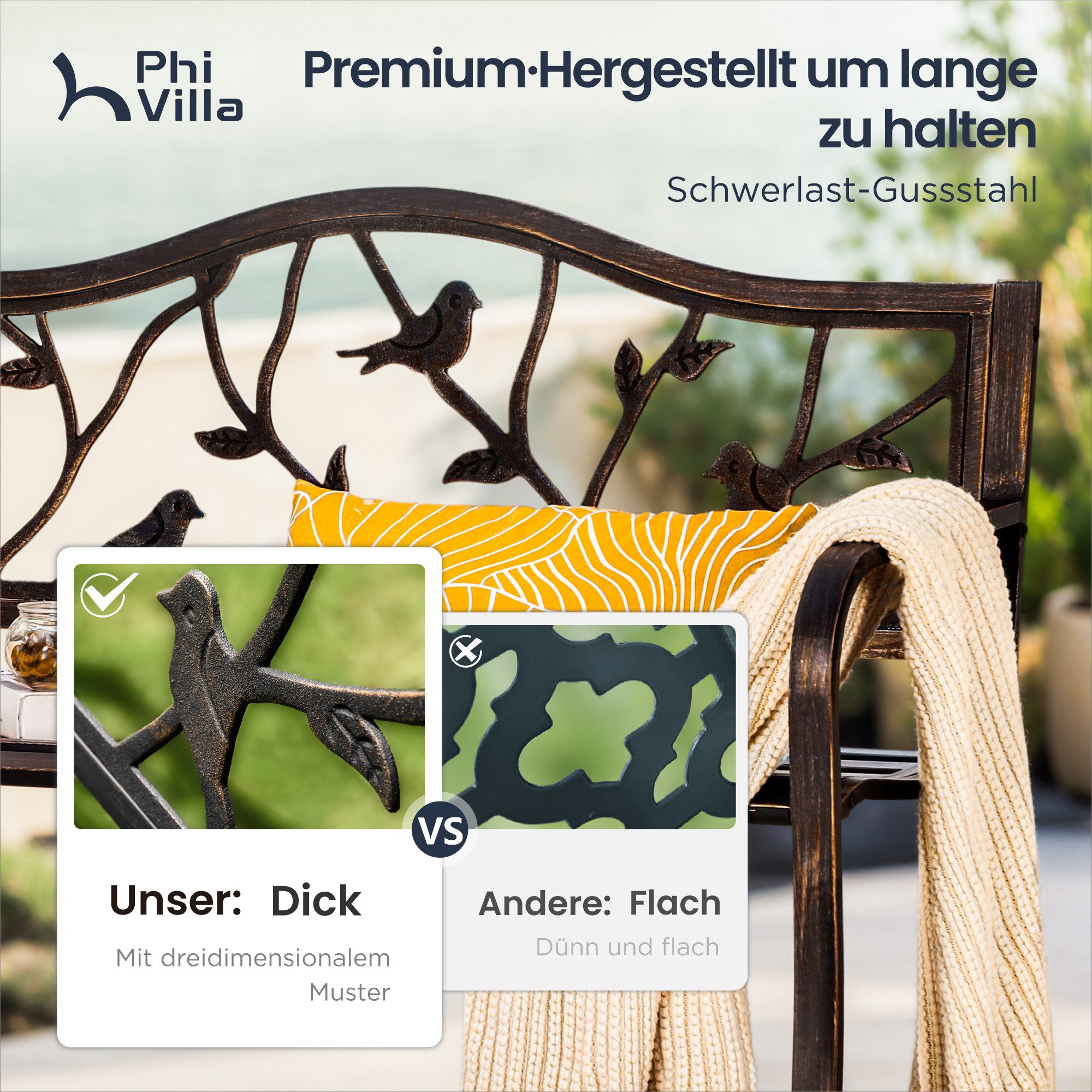PHI VILLA Gartenbank (Gartenbank, Für den Außenbereich geeignete Bank für 2-3 Personen), Mit gusseiserner Rückenlehne und stabilem Stahlrahmen